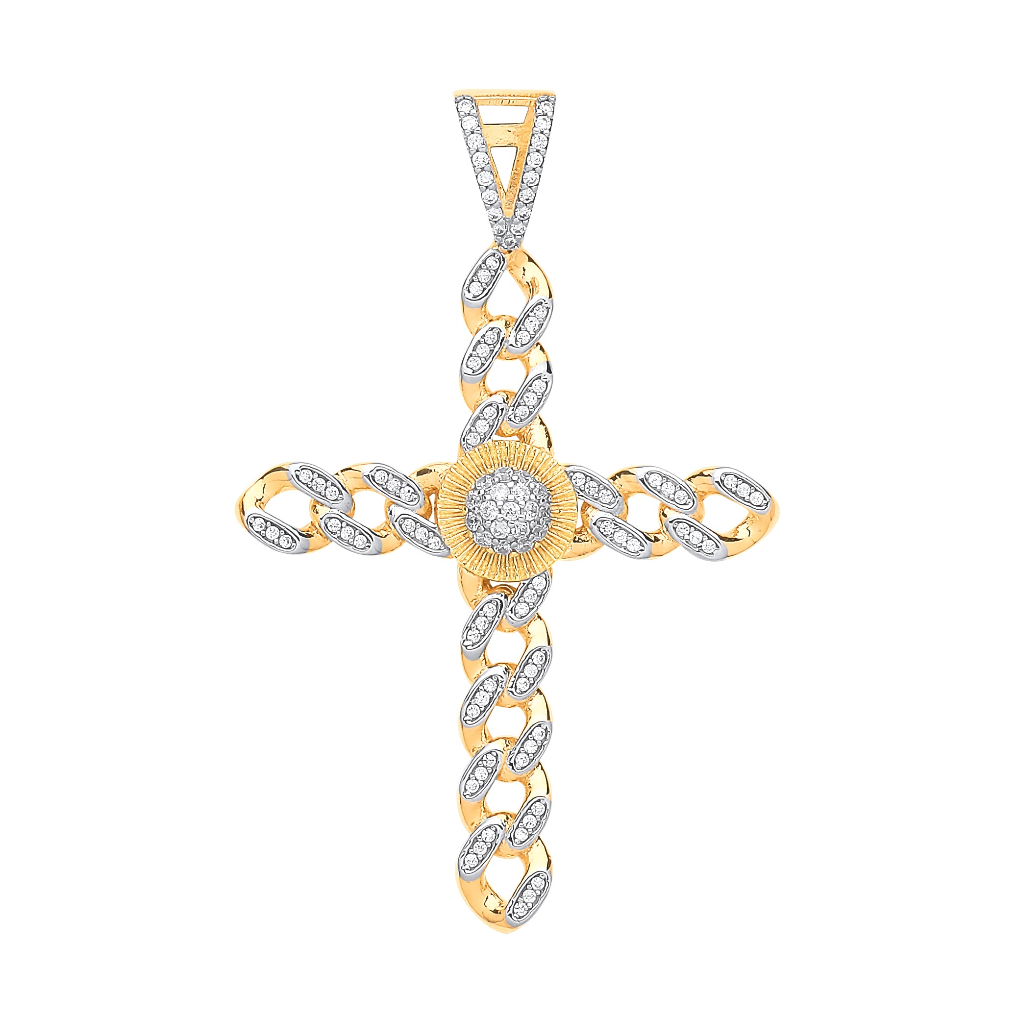Y & W/G Large Round Charm Cz Curb Link Cross