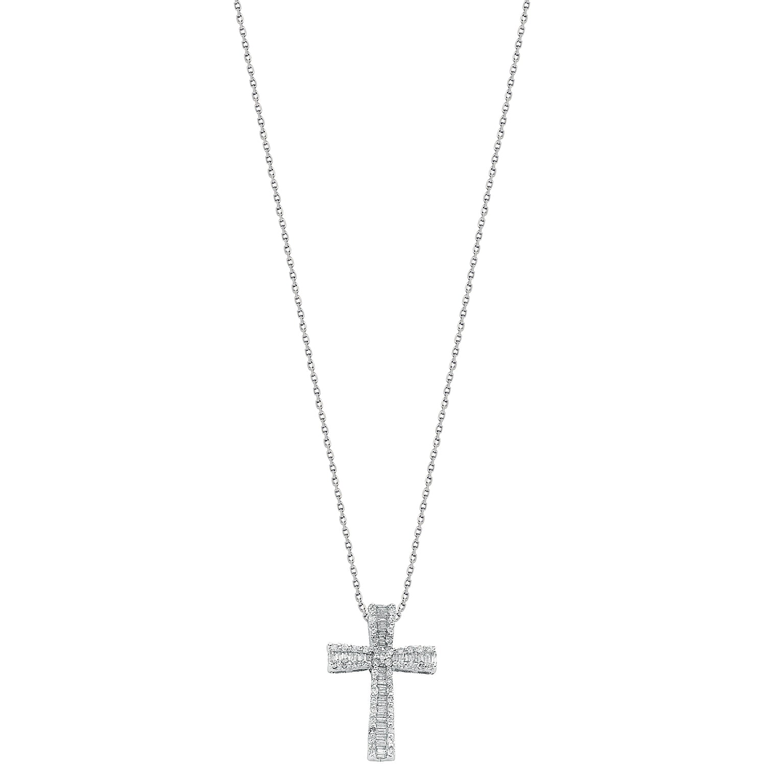 9ct White Gold 0.50ct Brilliant and Baguette Cut Diamond Cross Pendant with 18in Chain