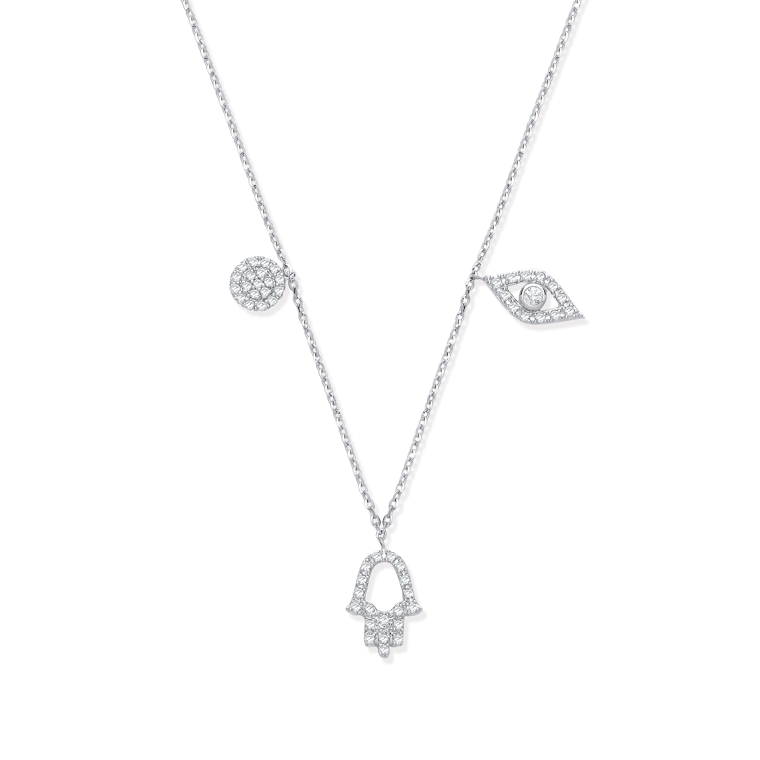 9ct White Gold 0.22ctw Evil Eye Hamsa and Circle Pendant 18in Chain