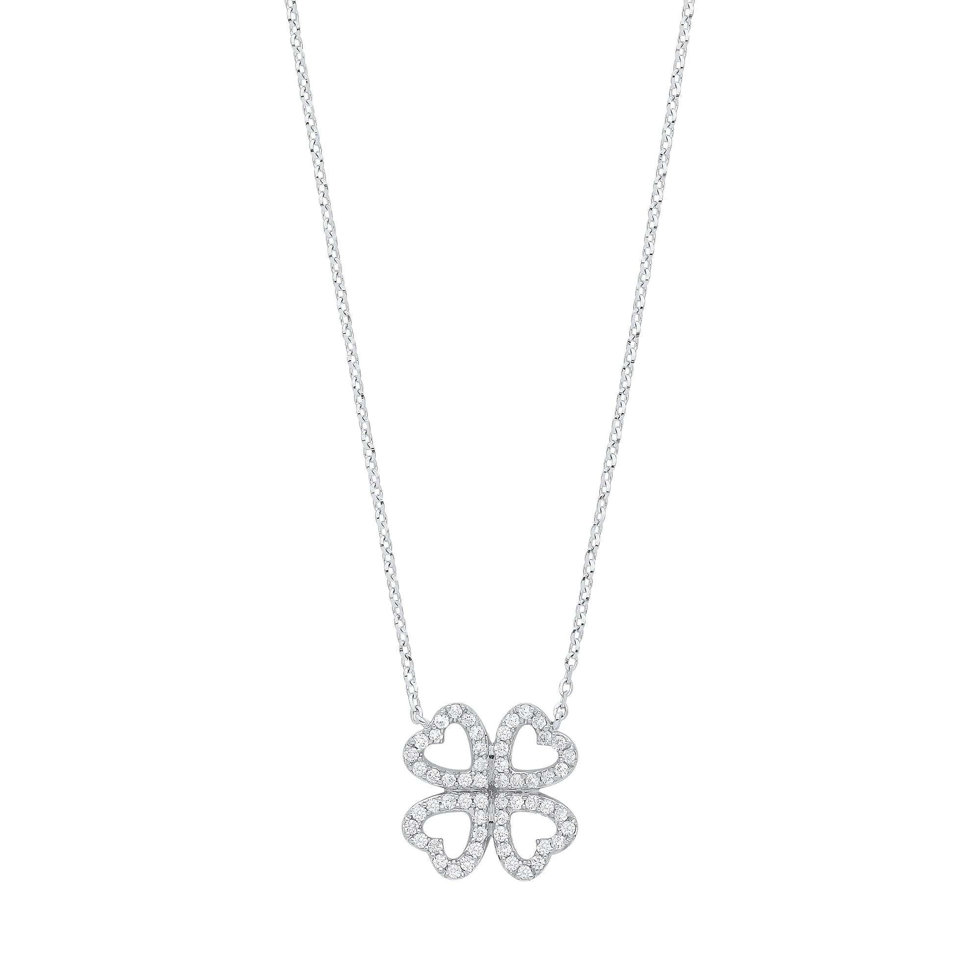 9ct White Gold 0.18ct Diamonds Four-Leaf Clover 18in Chain