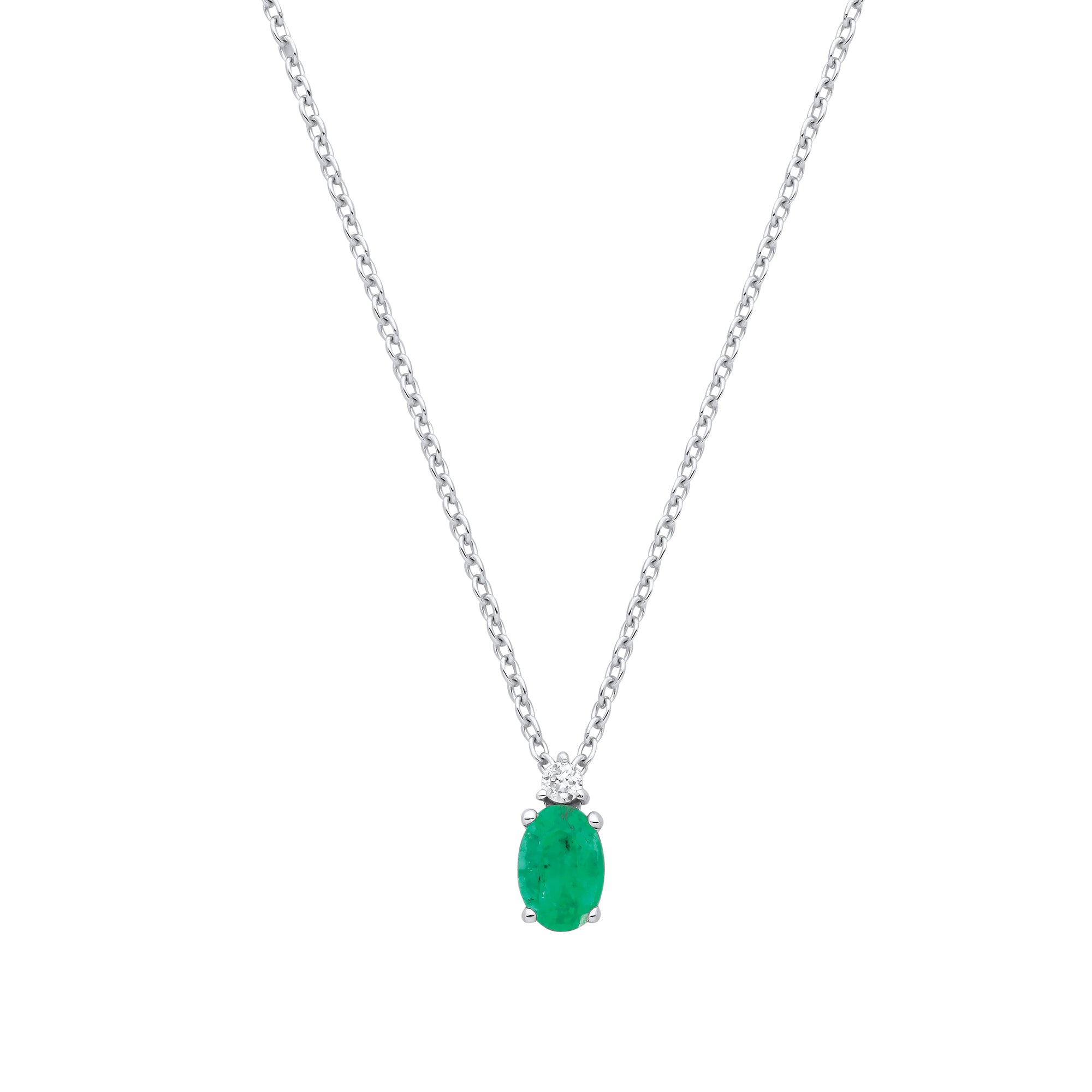 9ct White Gold Diamond 0.03ctw and Emerald 0.38ctw Necklace Chain 17in