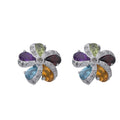 9ct White Gold 0.12ct Diamond and Multi Colour Gems Flower Cluster Earrings