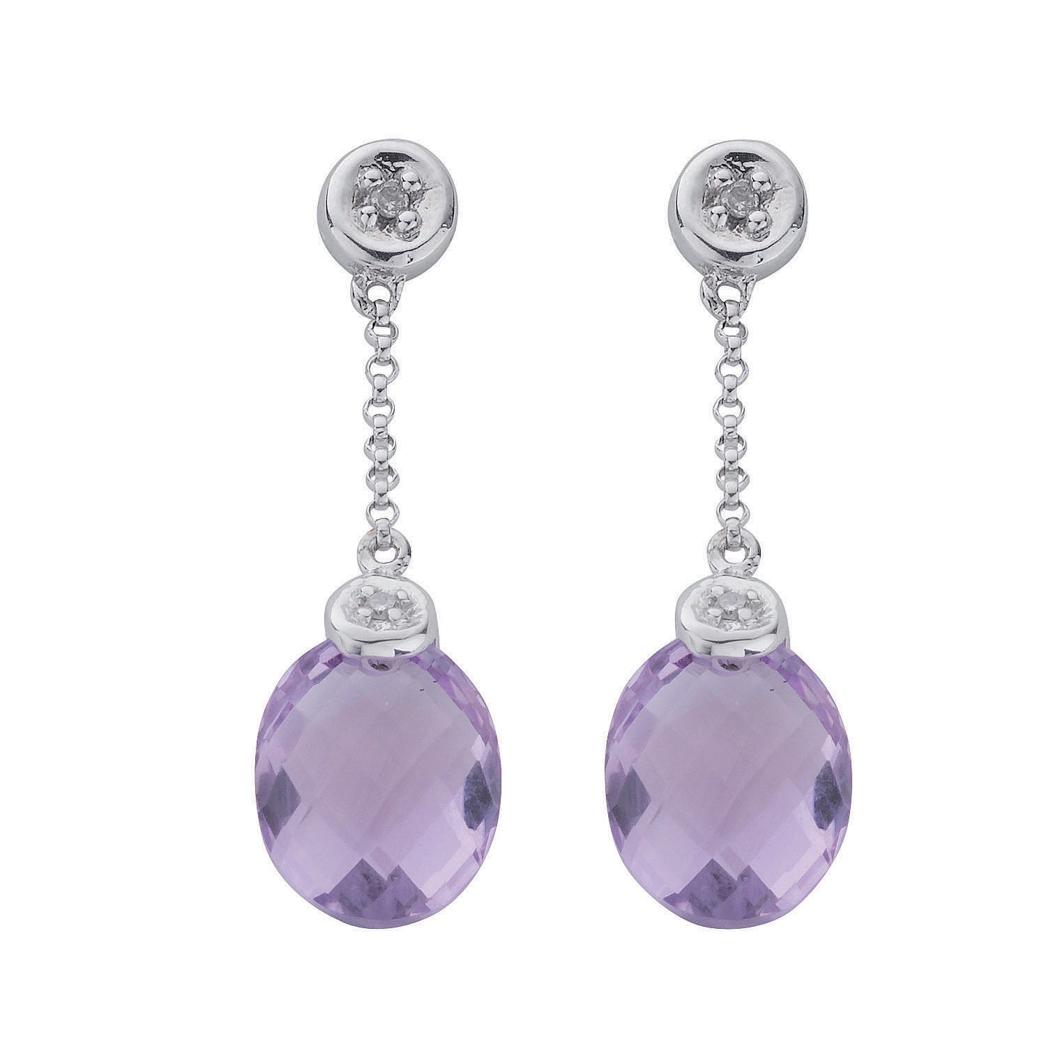 9ct White Gold 0.04ct Diamond and 4.66ct Amethyst Drop Earrings
