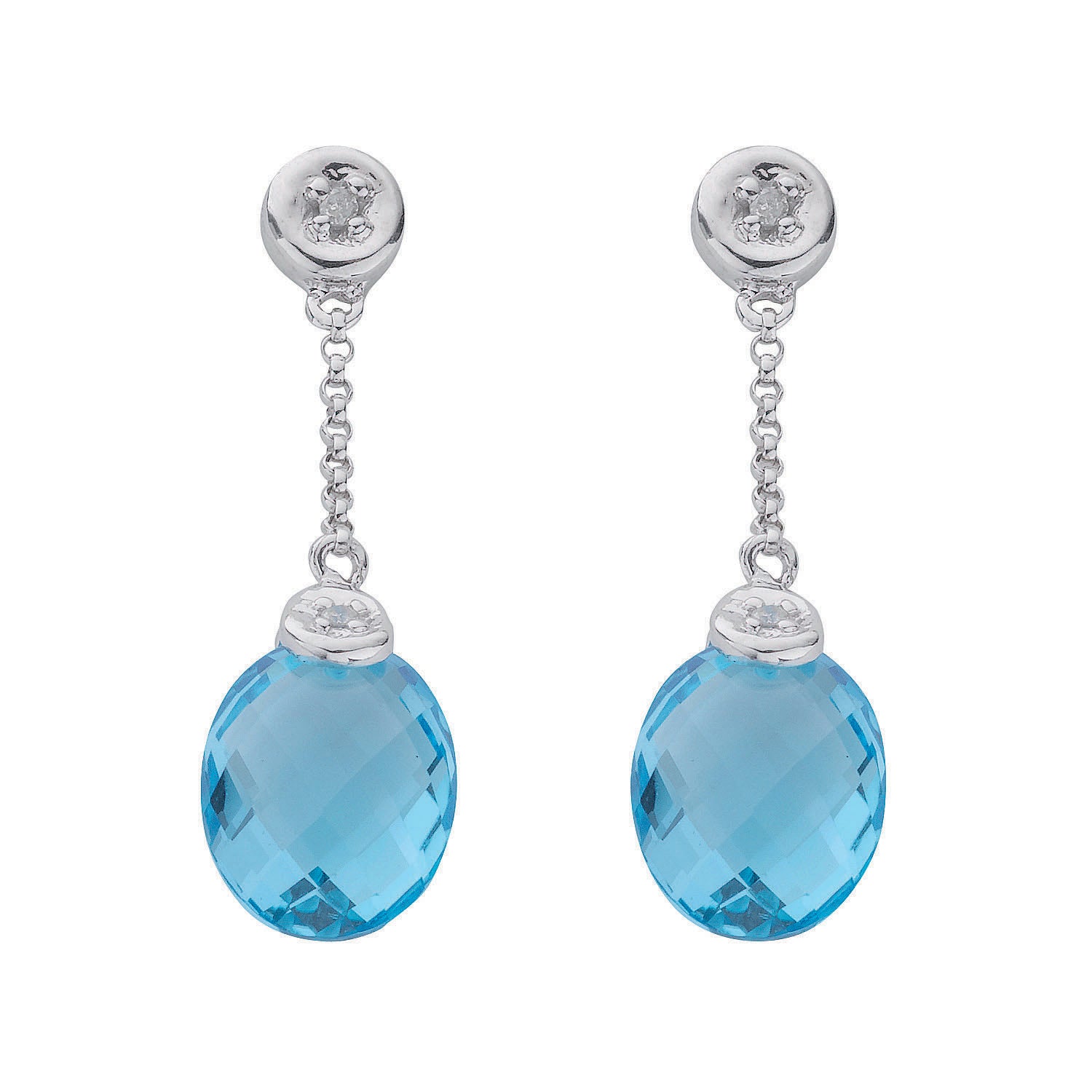 9ct White Gold 0.04ct Diamond and 6.93ct Blue Topaz Drop Earrings