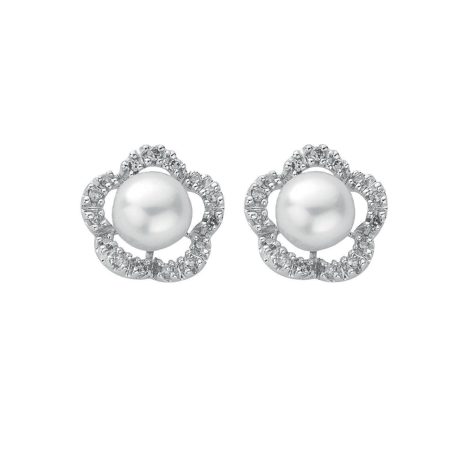 9ct White Gold 0.17ct Diamond and Pearl Stud Earrings