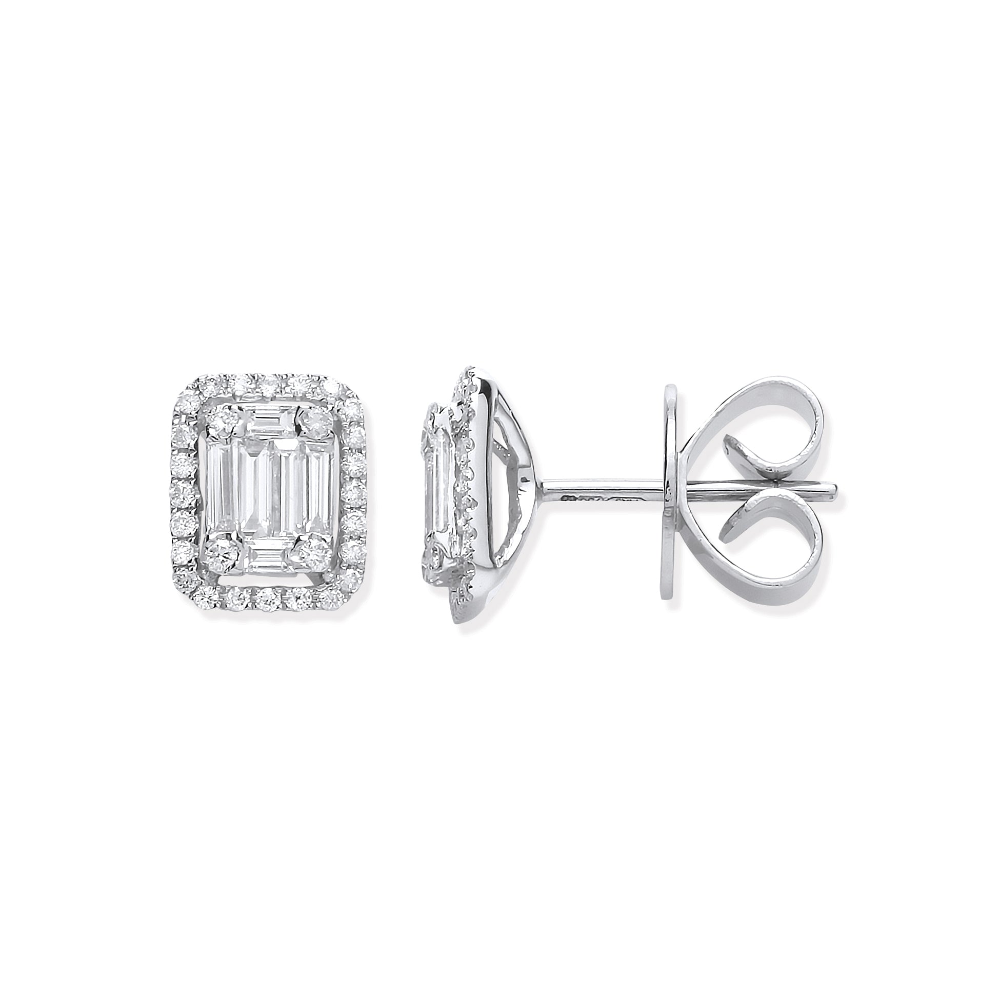 18ct White Gold 0.65ct Baguette and Brilliant Cut Diamond Rectangle Halo Earrings