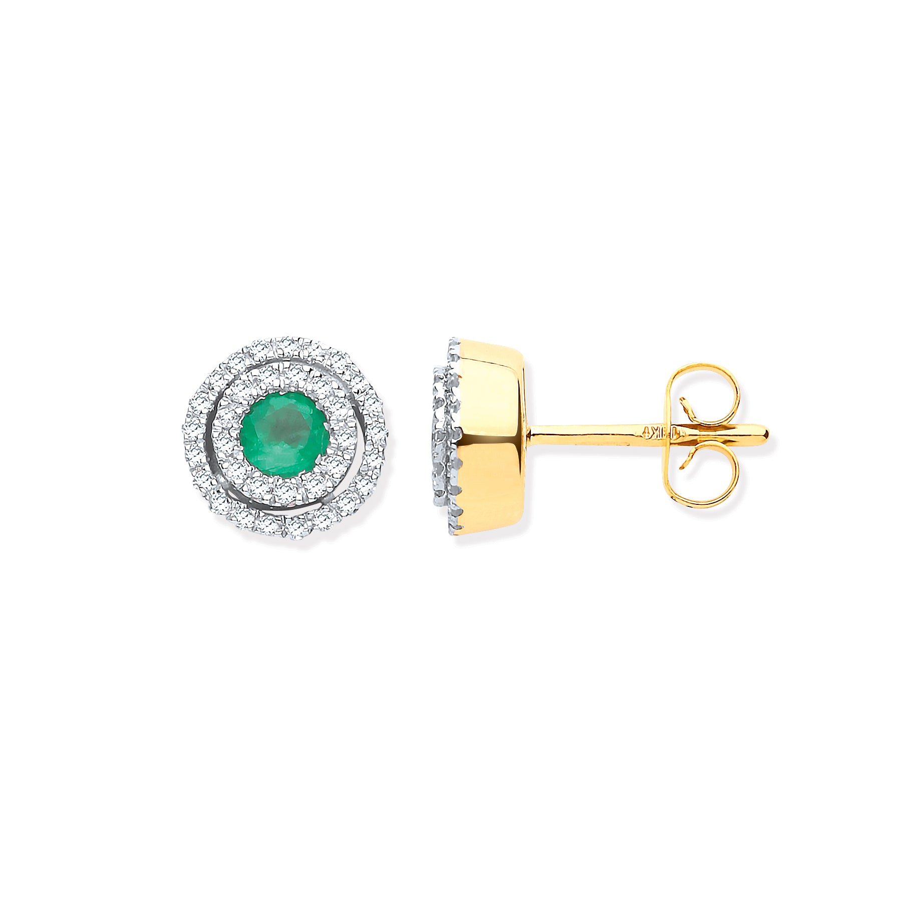 9ct YG Double Halo 0.25 Diamond and Emerald Round Stud Earrings
