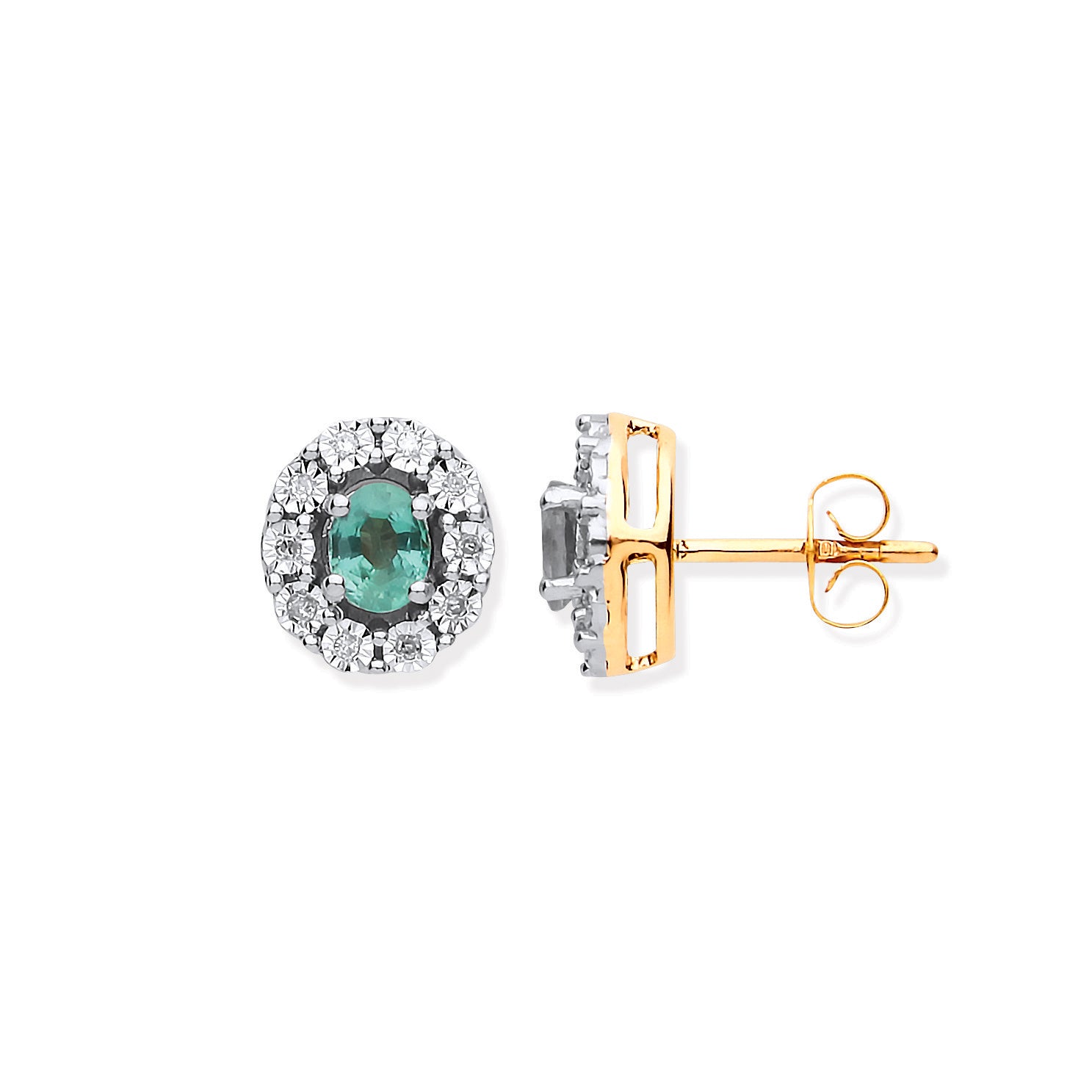 9ct YG 0.60ct Emerald and 0.08ct Diamond Oval Stud Earrings