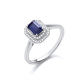9ct WG Double 0.10ctw Diamond Halo Ring with 0.70ct Emerald Cut Sapphire