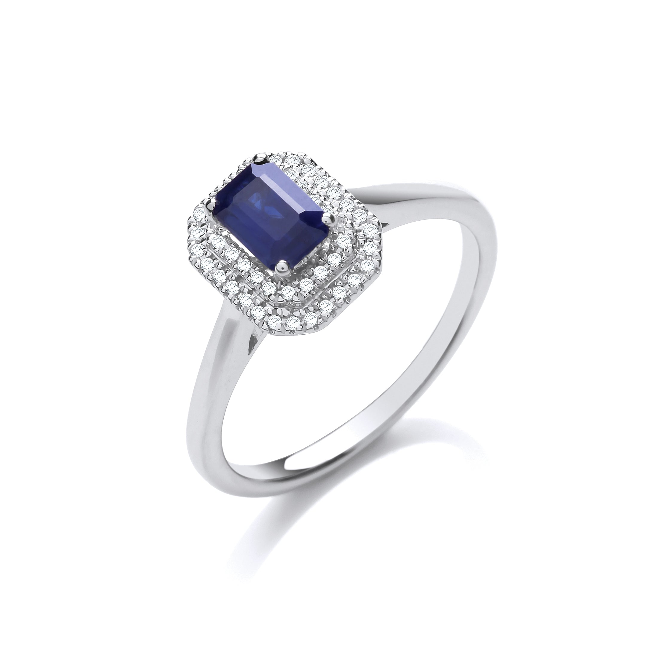 9ct WG Double 0.10ctw Diamond Halo Ring with 0.70ct Emerald Cut Sapphire