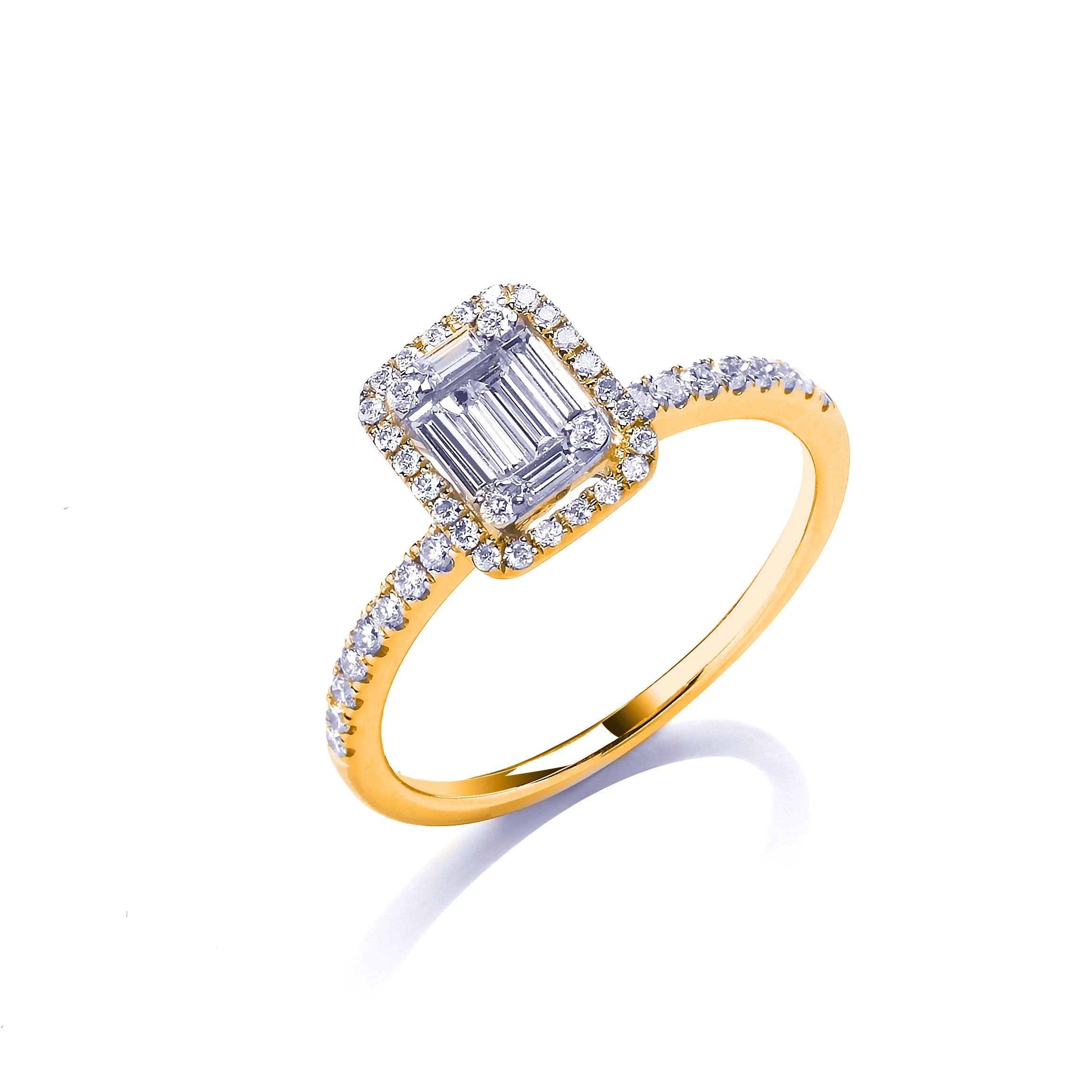 18ct Yellow Gold 0.50ct Baguette and Brilliant Cut Diamonds Rectangle Halo Ring