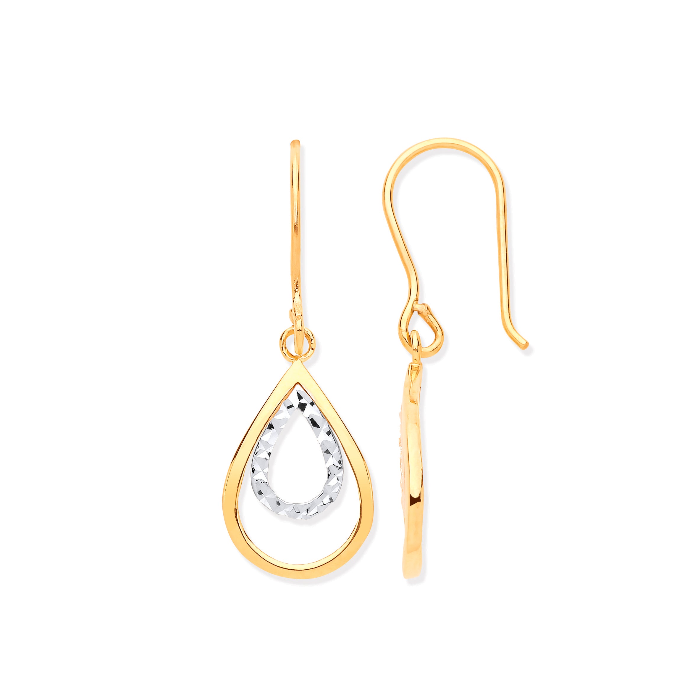 Y & W/G Teardrop Shaped Hook Earrings