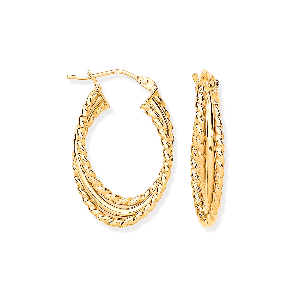 Y/G Triple Layer Ribbed & Plain Oval Hoop Earrings