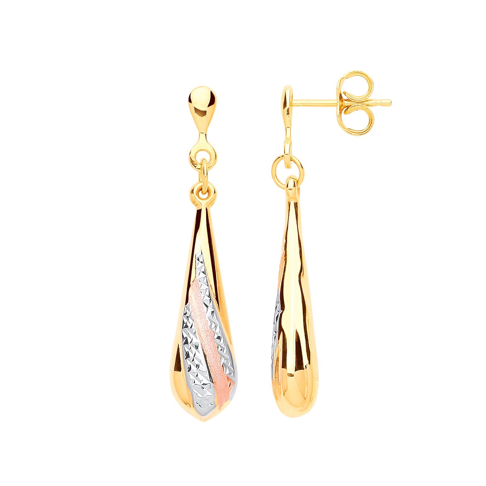 Y/G, RG Satin Finish, WG Ribbed Drop Earrings