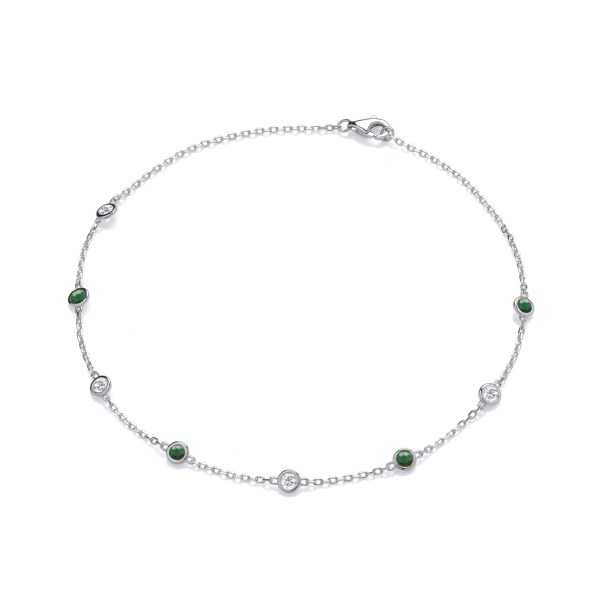 Silver Rubover Green and Clear Czs Ladies Anklet