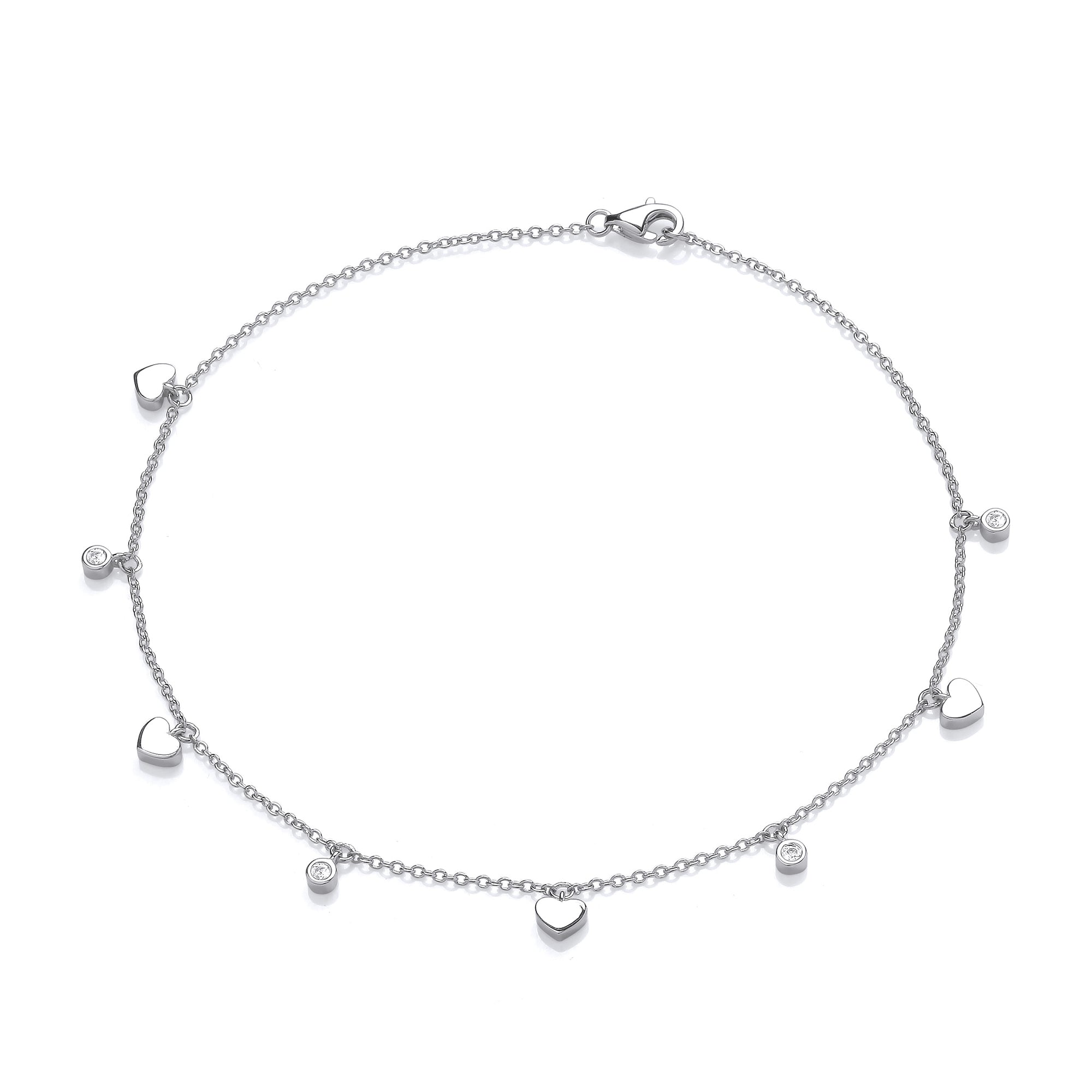 Silver Hearts and Round Czs Ladies Anklet
