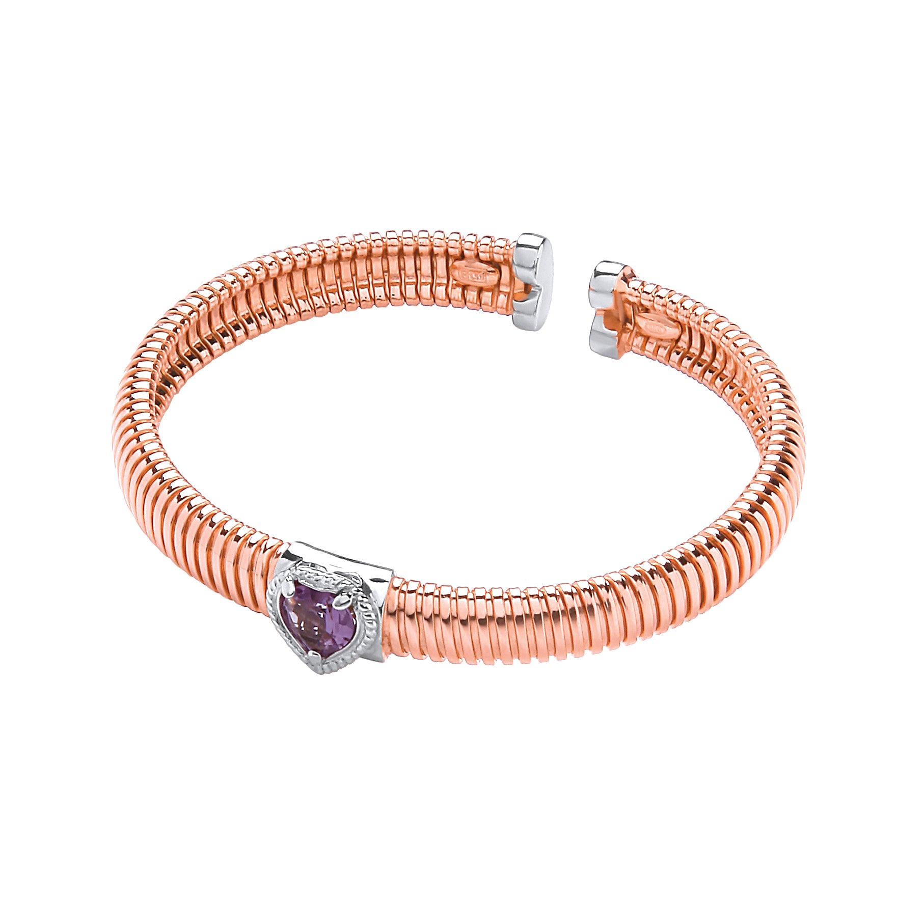 Rose Coated Silver Bangle with Amethyst Heart