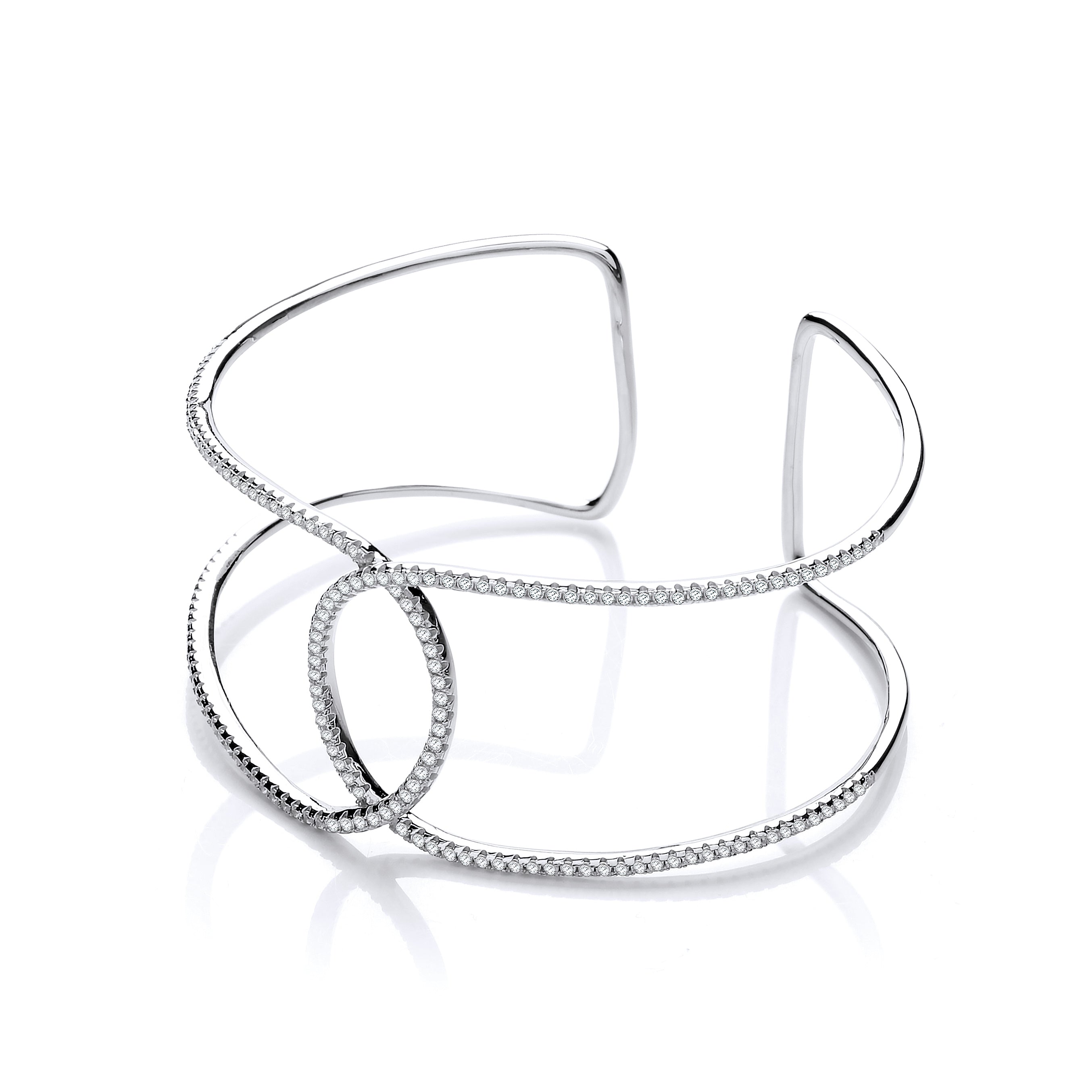 Micro Pave Two Row Cz Interlocking Cuff Silver Bangle