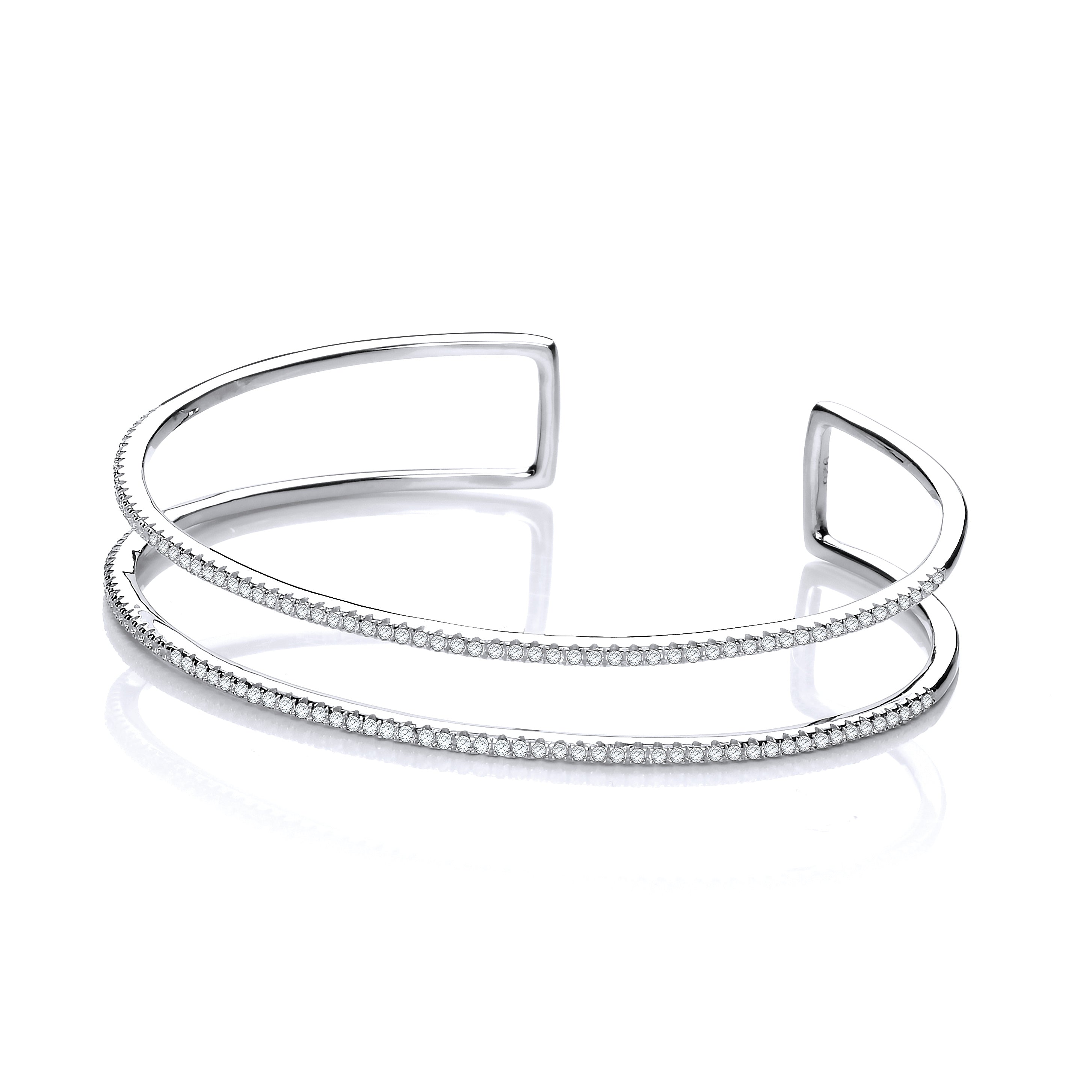 Micro Pave Two Row Cz Cuff Silver Bangle
