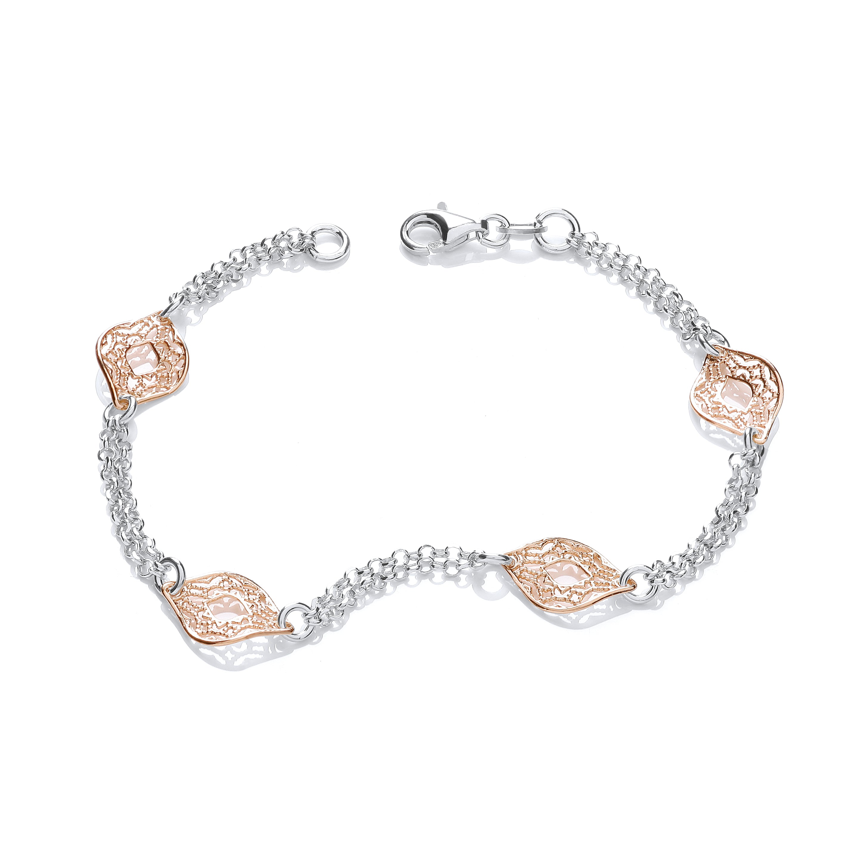 Rose and Silver Filigree Links Bracelet