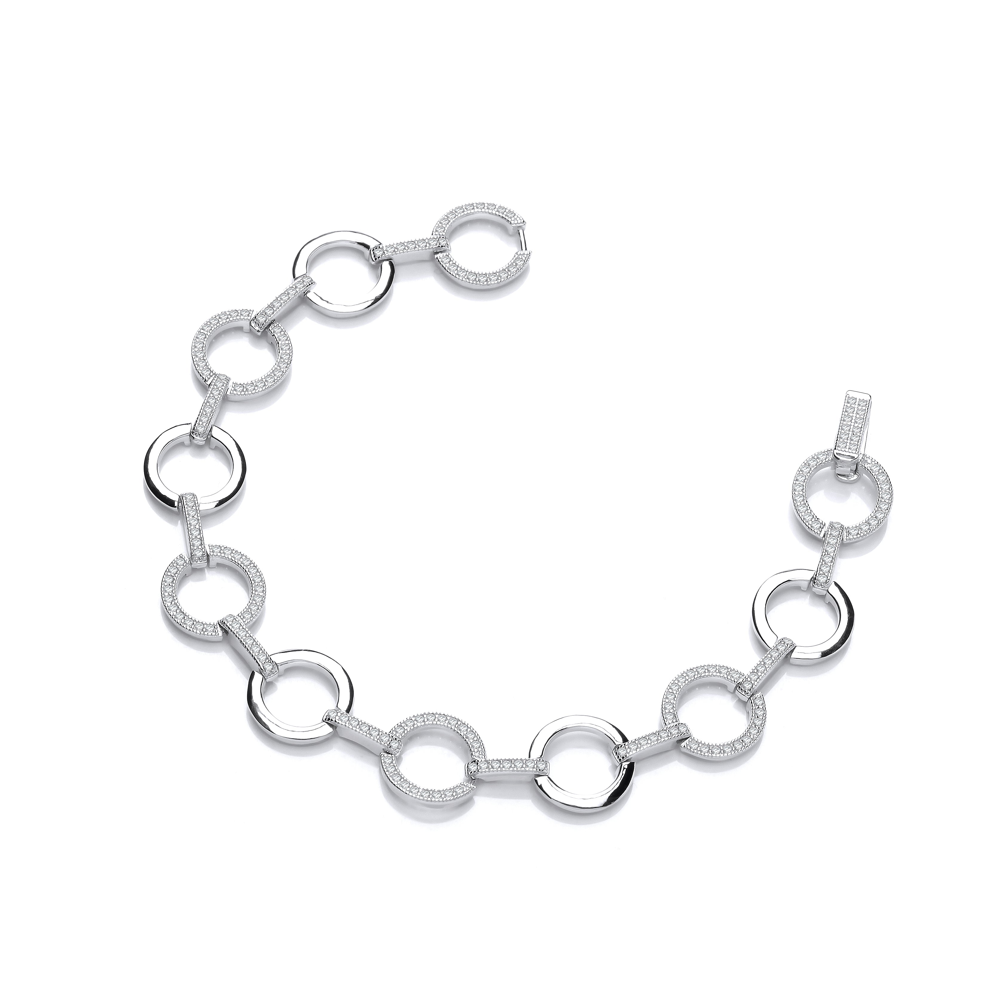 Circles Plain and Czs Silver Ladies Bracelet