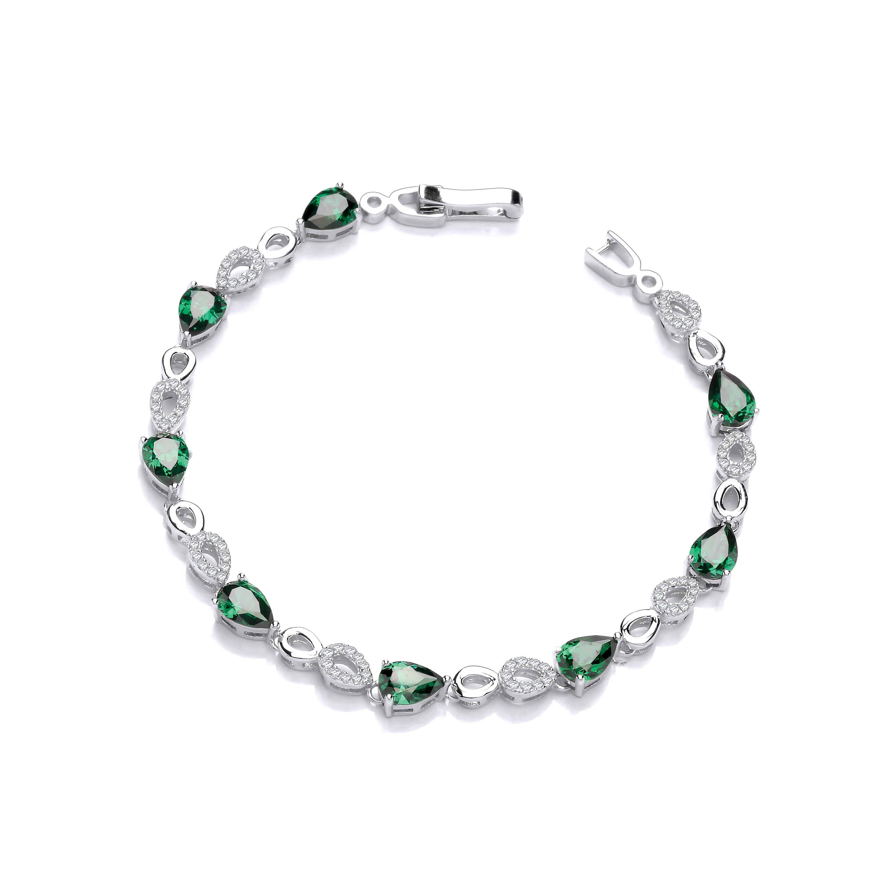 Green Teardrop CZs Silver Ladies Bracelet