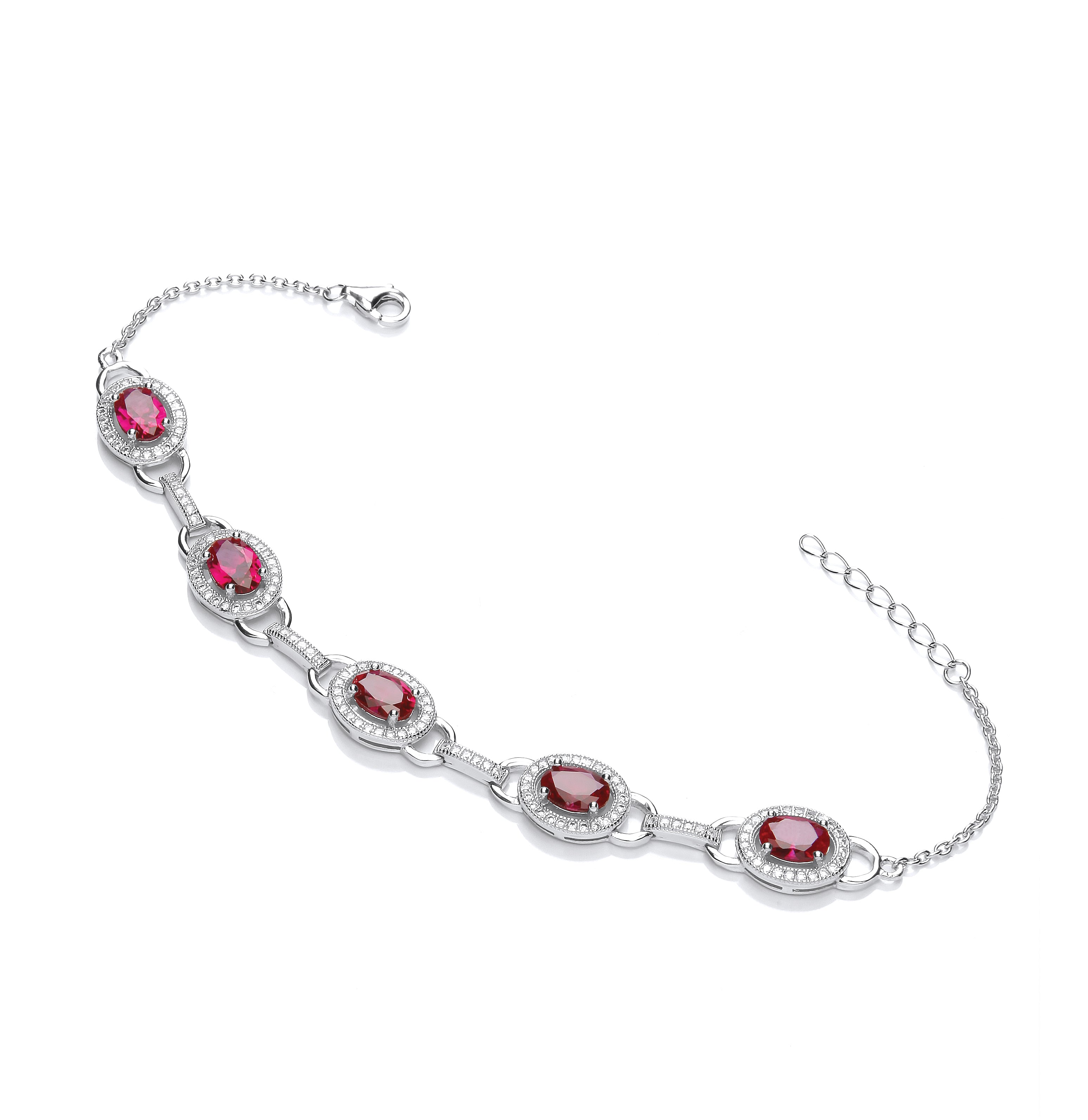 Red and Clear CZ Halo Style Ladies Silver Bracelet