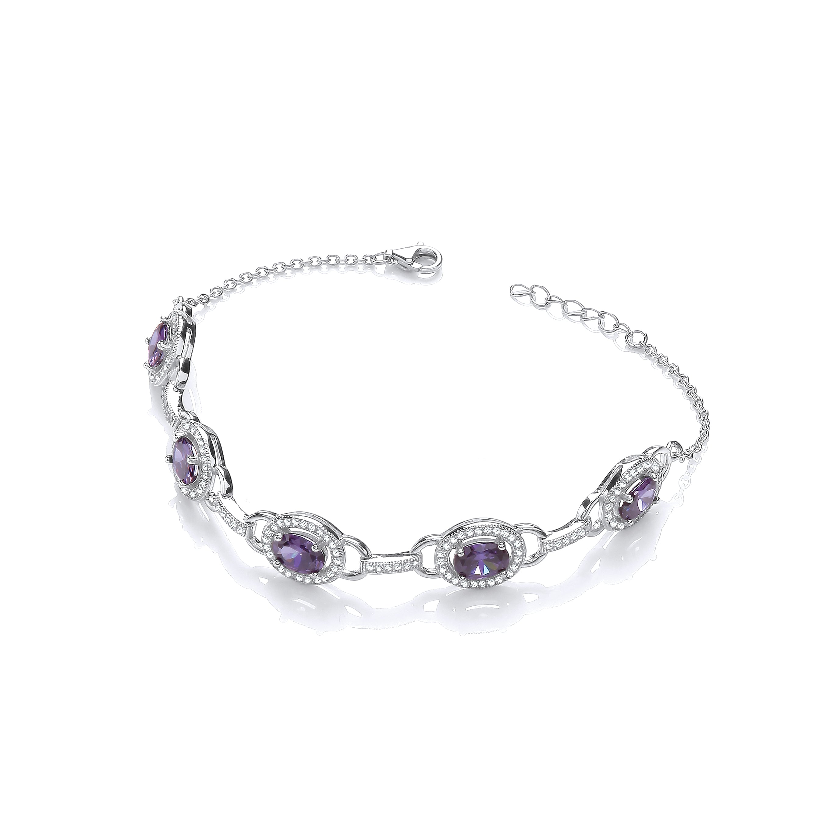 Amethyst and Clear CZs Halo Style Ladies Silver Bracelet