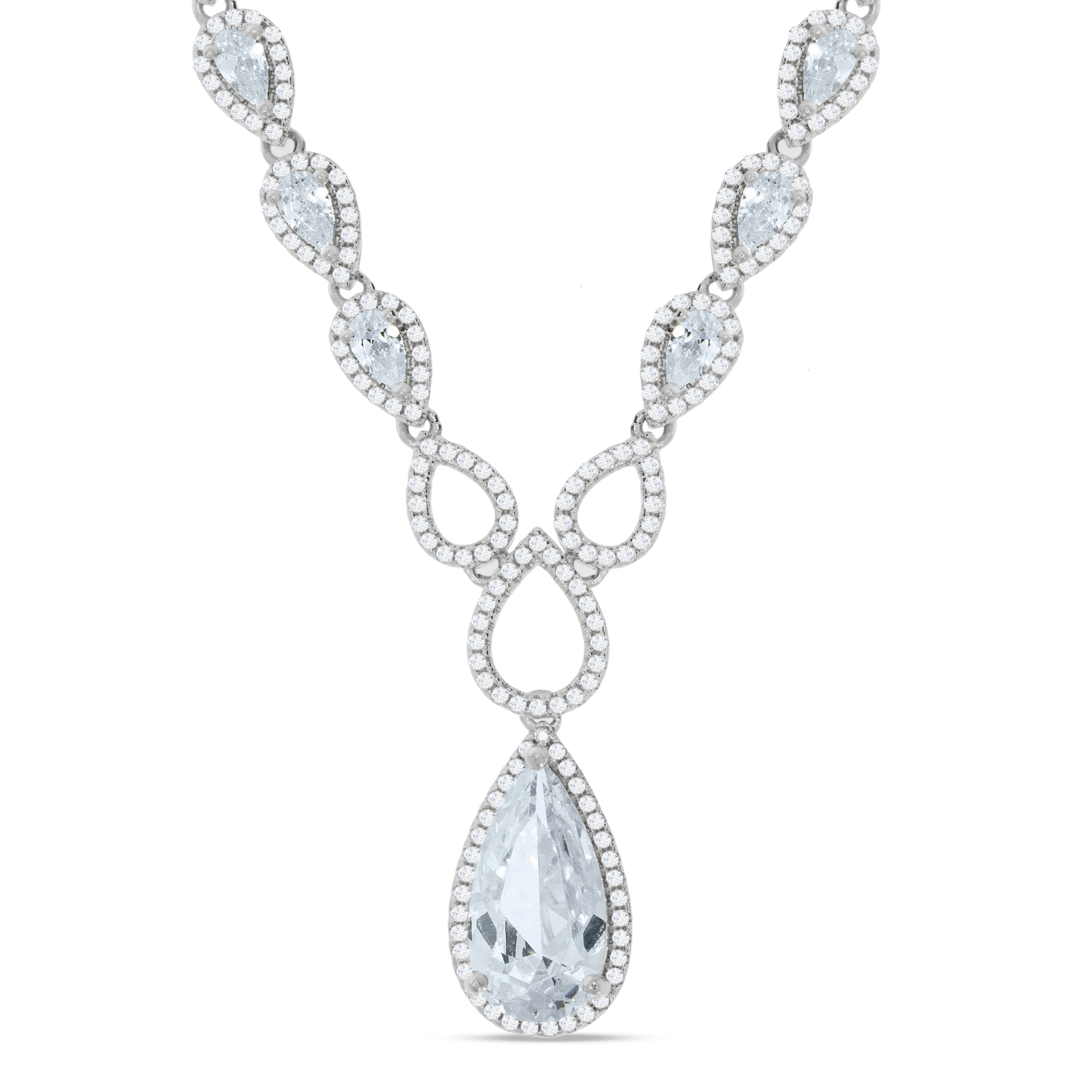 Silver Pear Shaped Drop Set Clear Czs Necklace 18 Inch