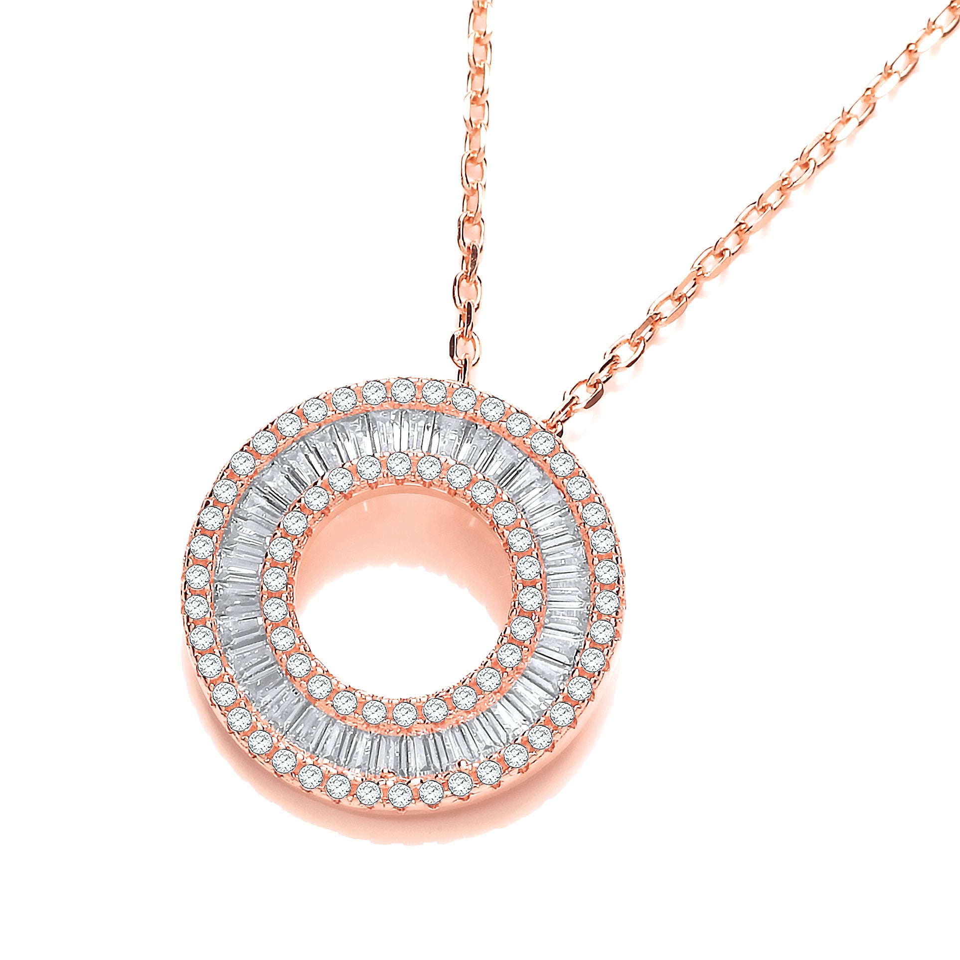 Rose Coated Silver Circle of Life Baguettes and Round Cz 17 Inch Necklace