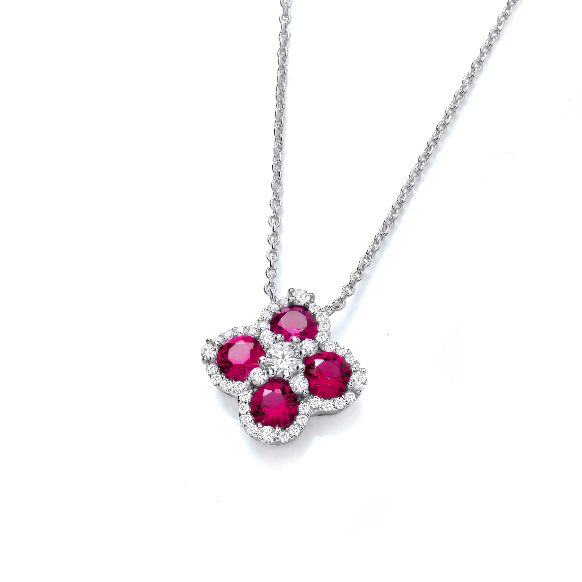 Red Four Leaf Clover Cz Silver Necklace