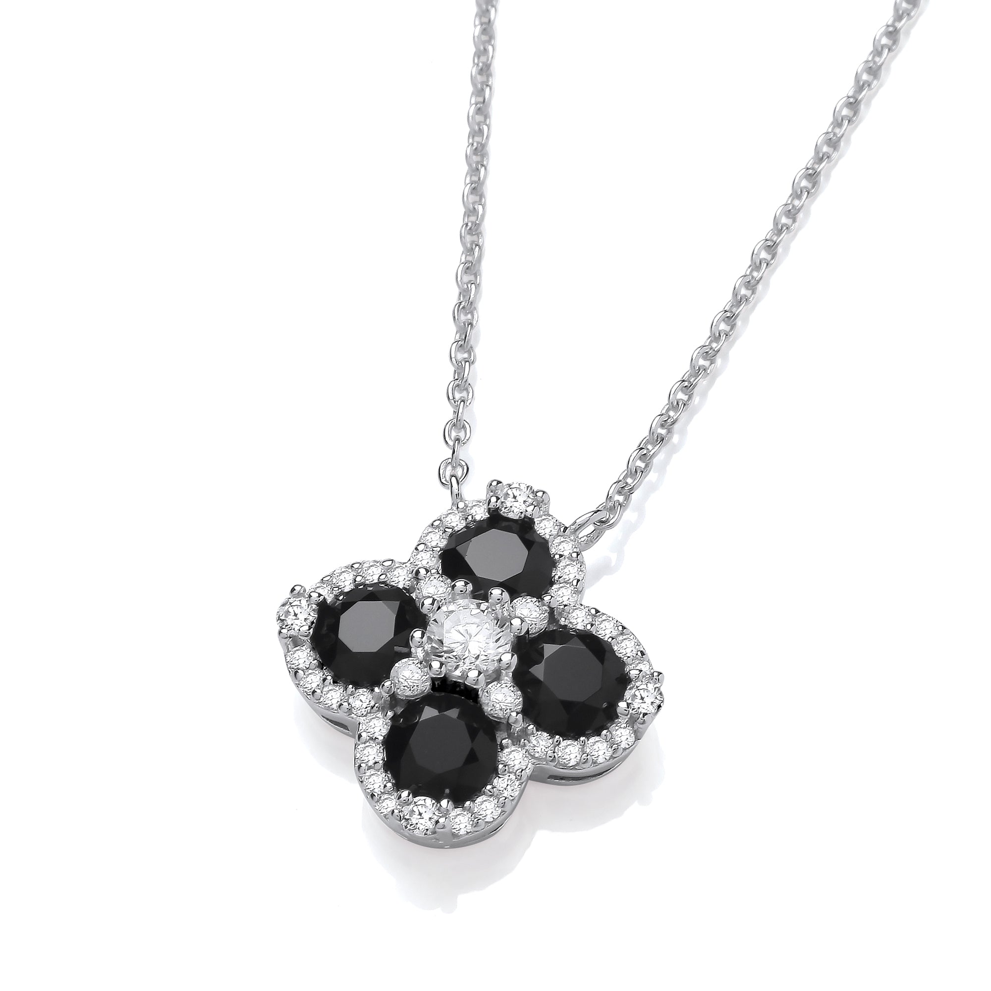 Black Four Leaf Clover Cz Silver Necklace