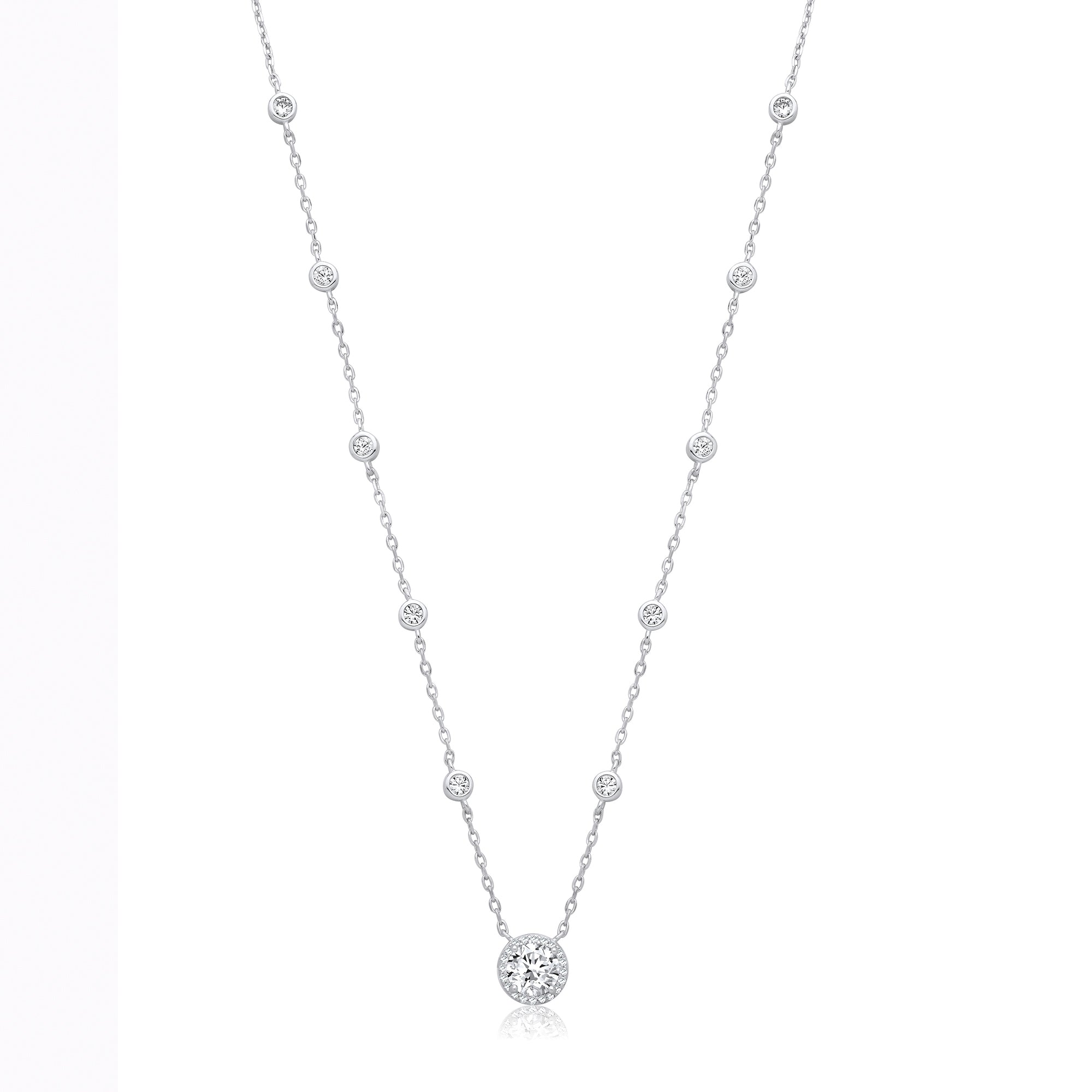 Silver 10 Rubover CZs with Halo CZ Pendant Necklace