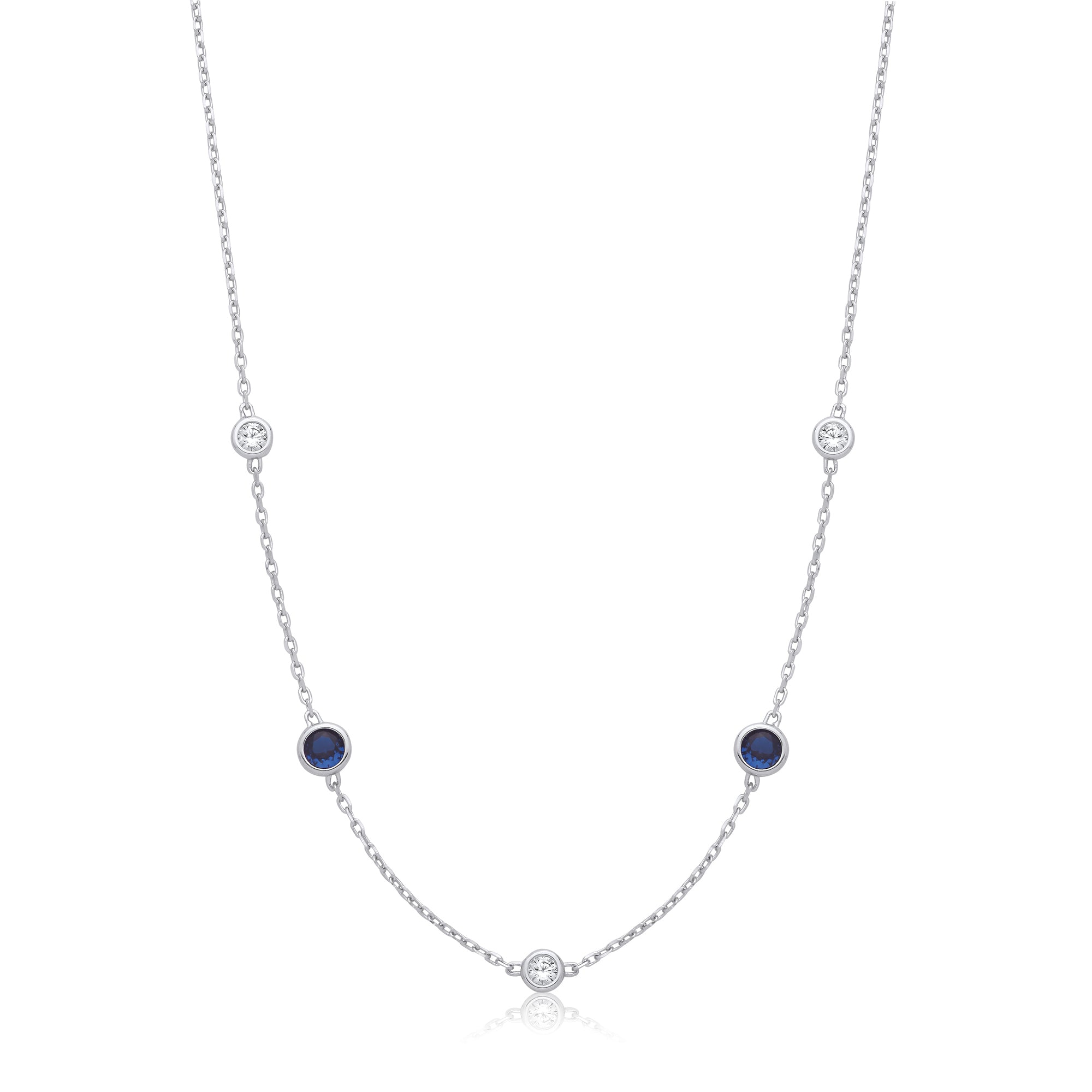 Silver Rh Plated Rubover 5 Blue and Clear Czs Necklace