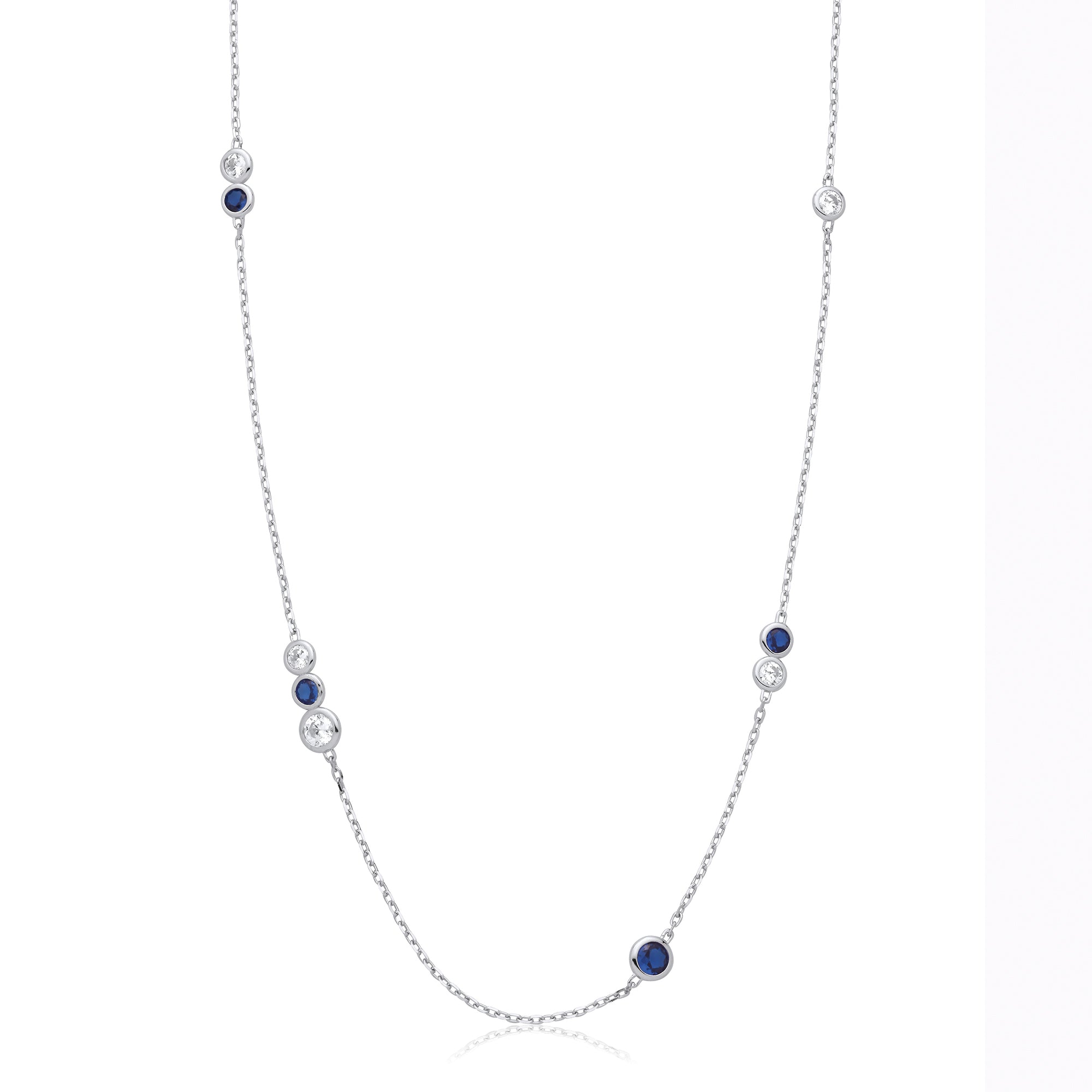 Silver Rubover Blue and Clear Czs 18 Inch Necklace