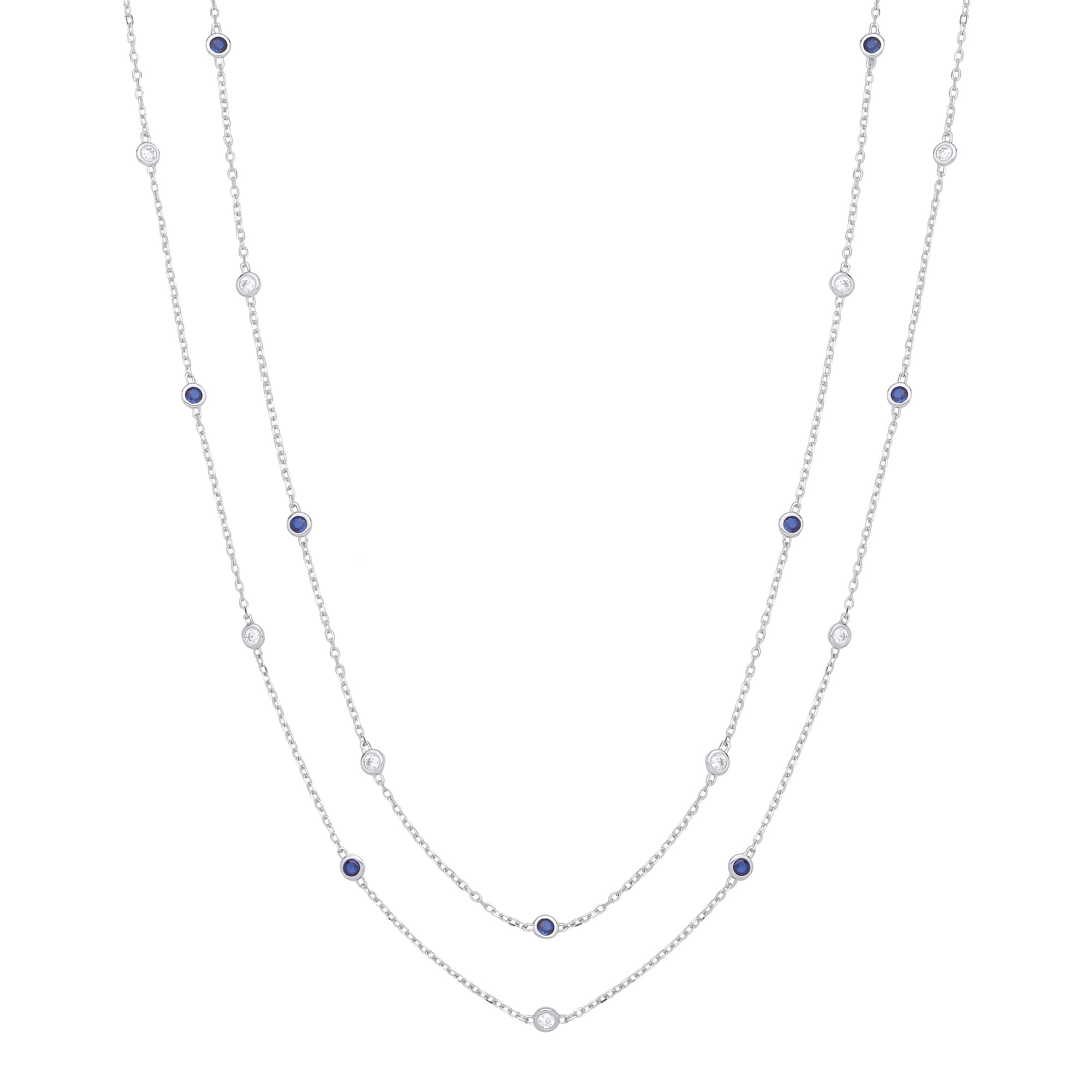 38 Inch Silver Rubover Blue and Clear Czs Necklace