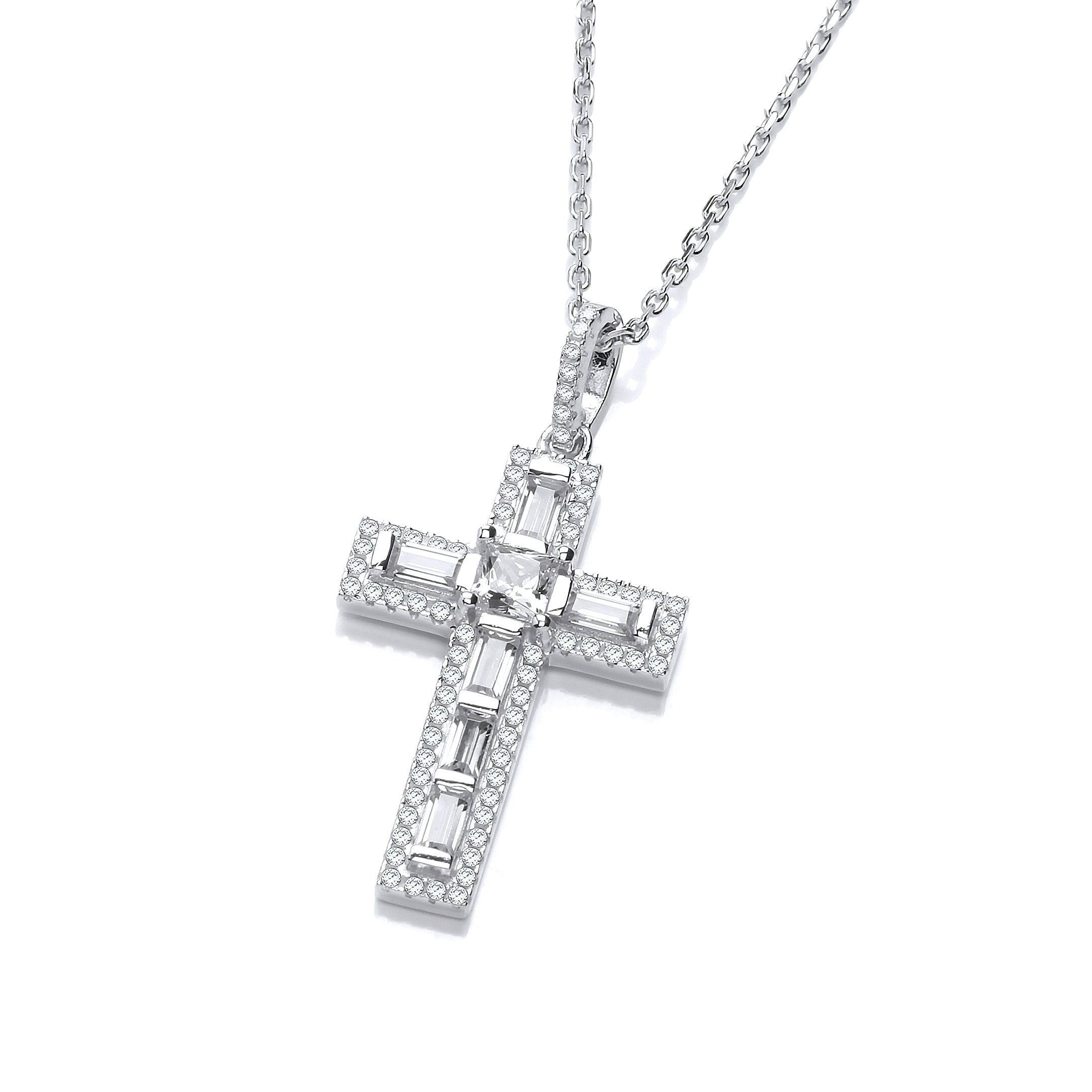 Micro Pave Round and Baguette CZs Cross with Chain