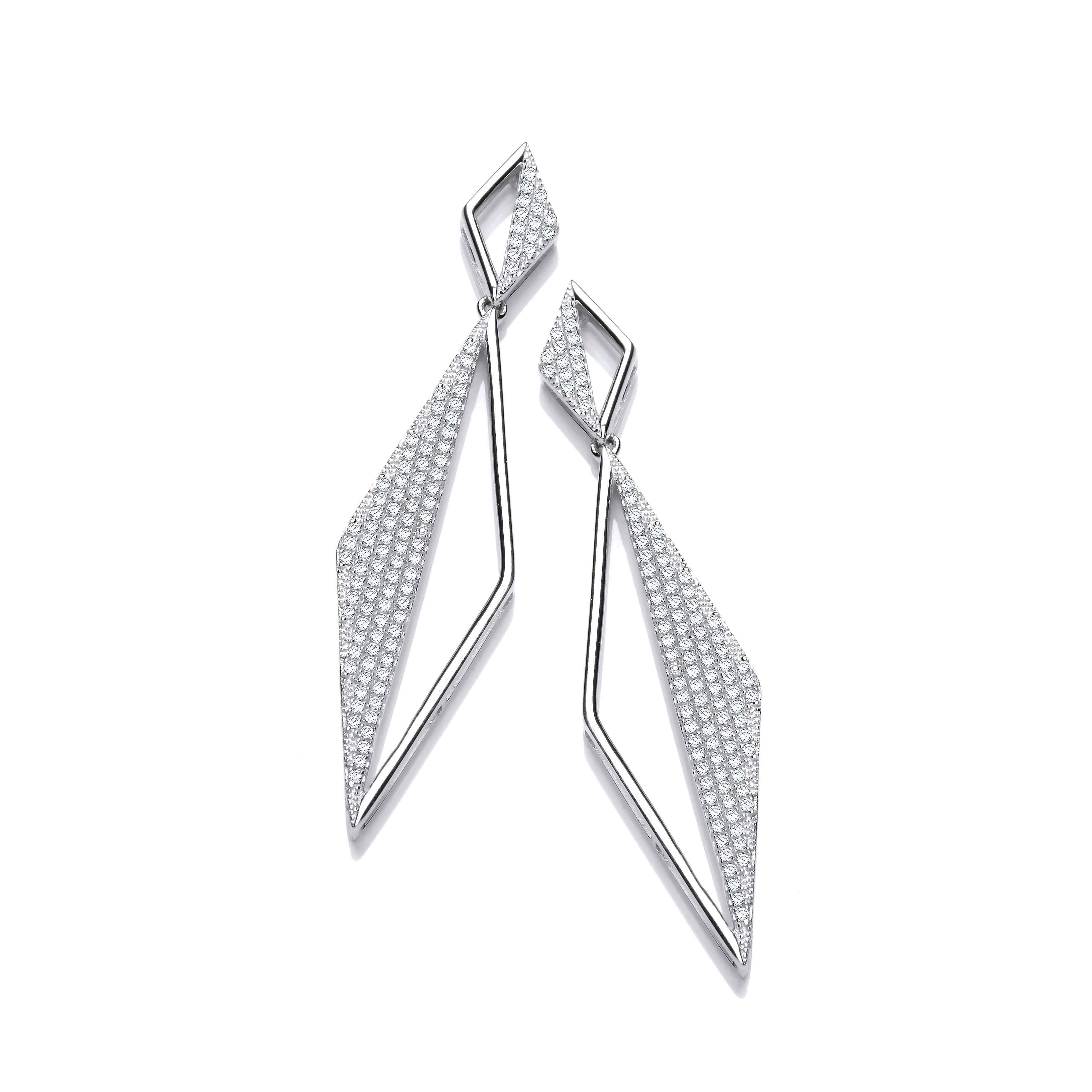 Long Triangle Pave Cz Drop Silver Earrings