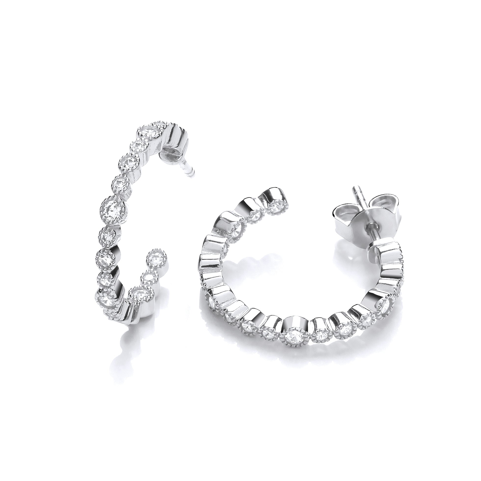 Mill Grain Edge Rubover set CZs Hoop Earrings