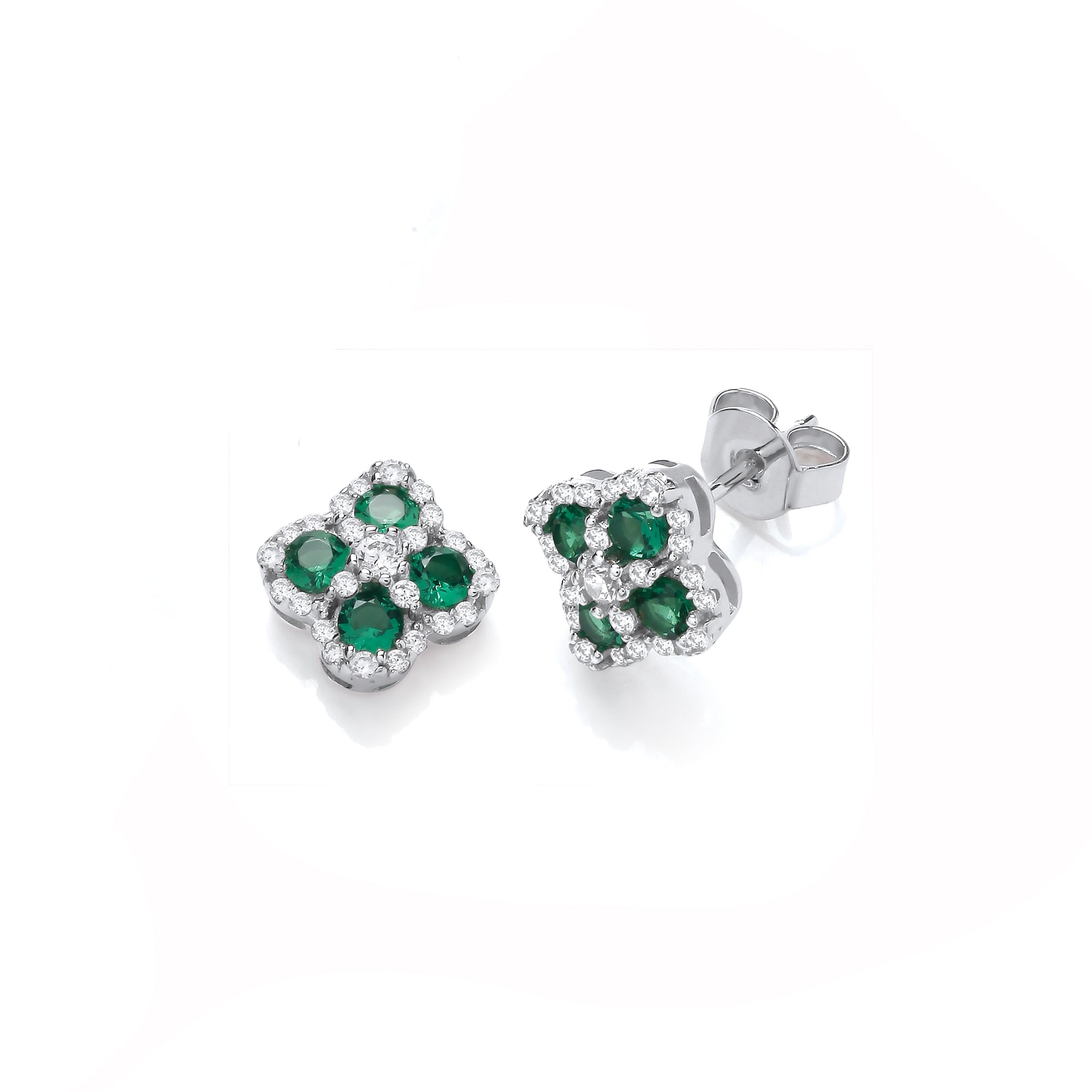 Green Four Leaf Clover Cz Stud Earrings