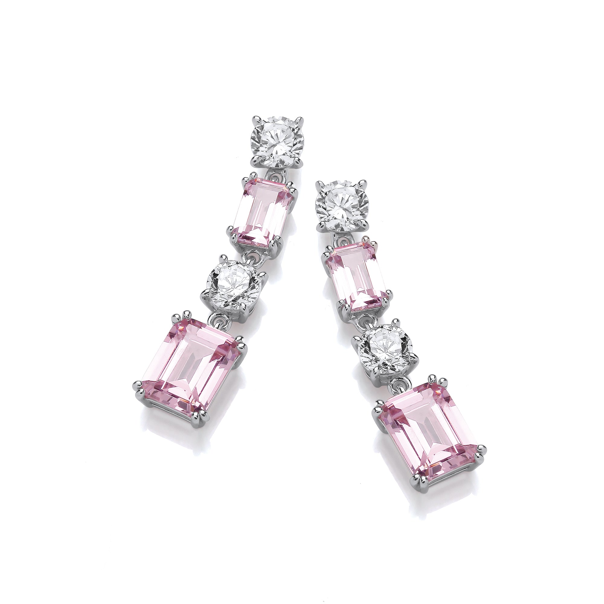 Pink and Clear CZs Silver Drop Earrings