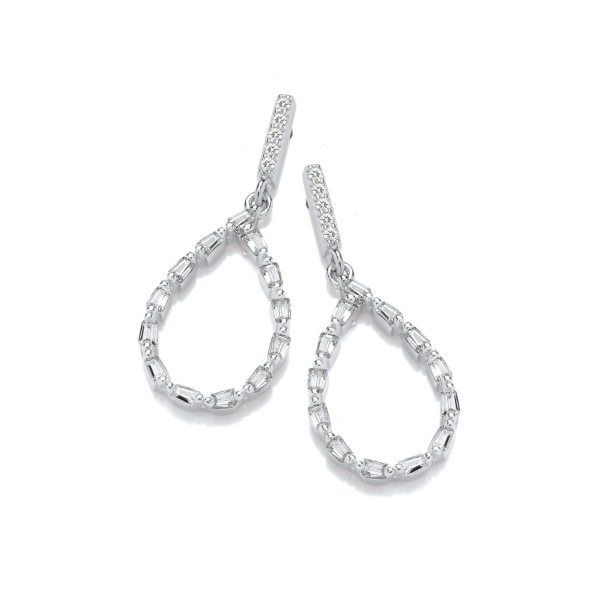 Teardrop Baguette CZs Silver Drop Earrings