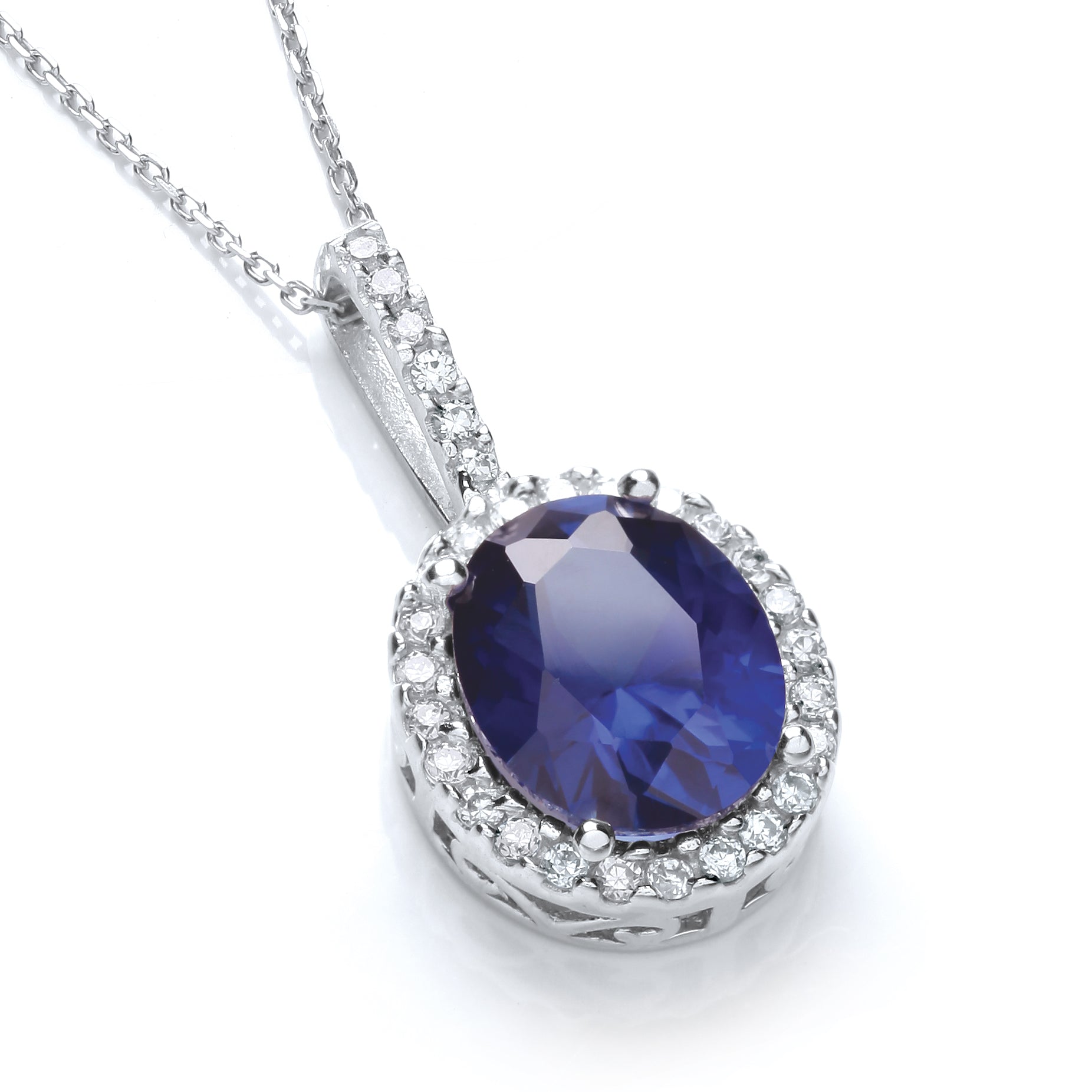 Oval Cluster Deep Blue Cz Pendant with 18 Inch Chain