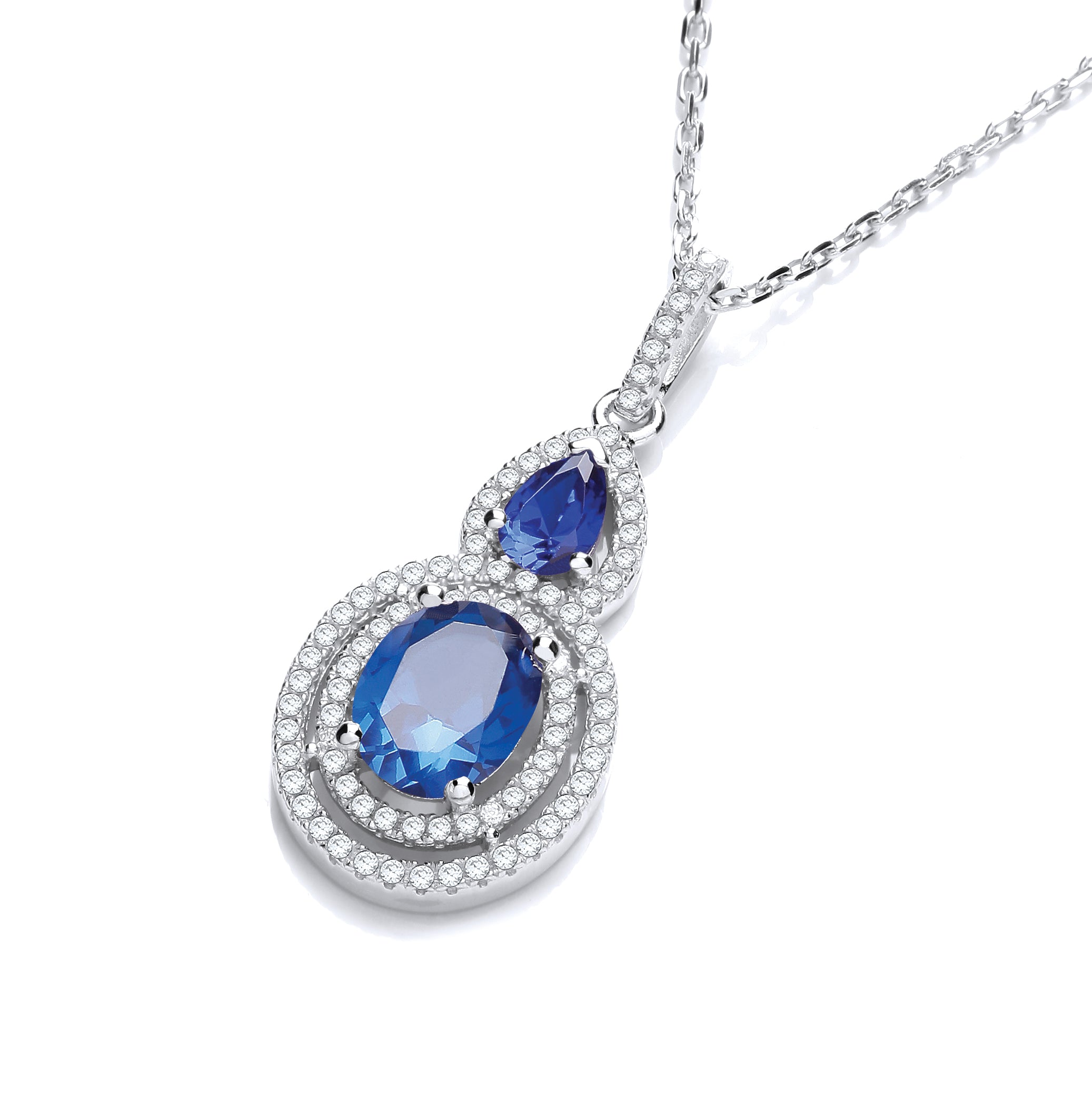 Micro Pave Sapphire and White Drop Pendant with 18 Inch Chain