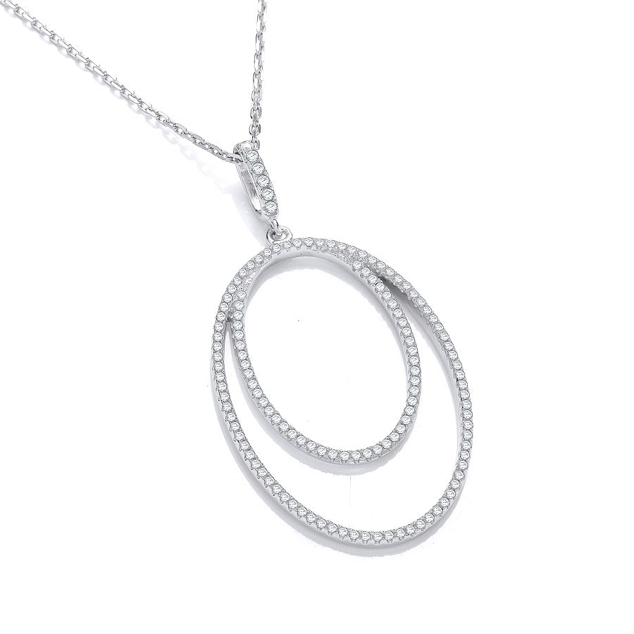 Micro Pave Oval Double Row Cz Pendant with 18 Inch Chain