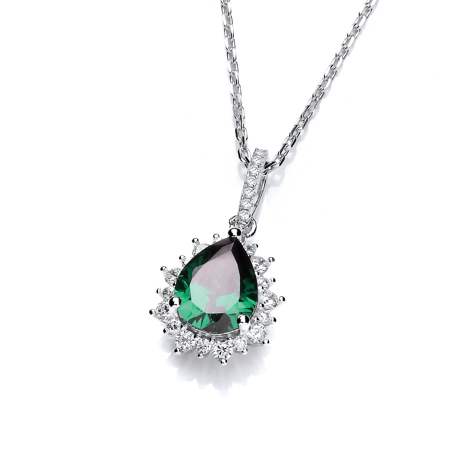 Silver Green Teardrop Cz Pendant with 18 Inch Chain