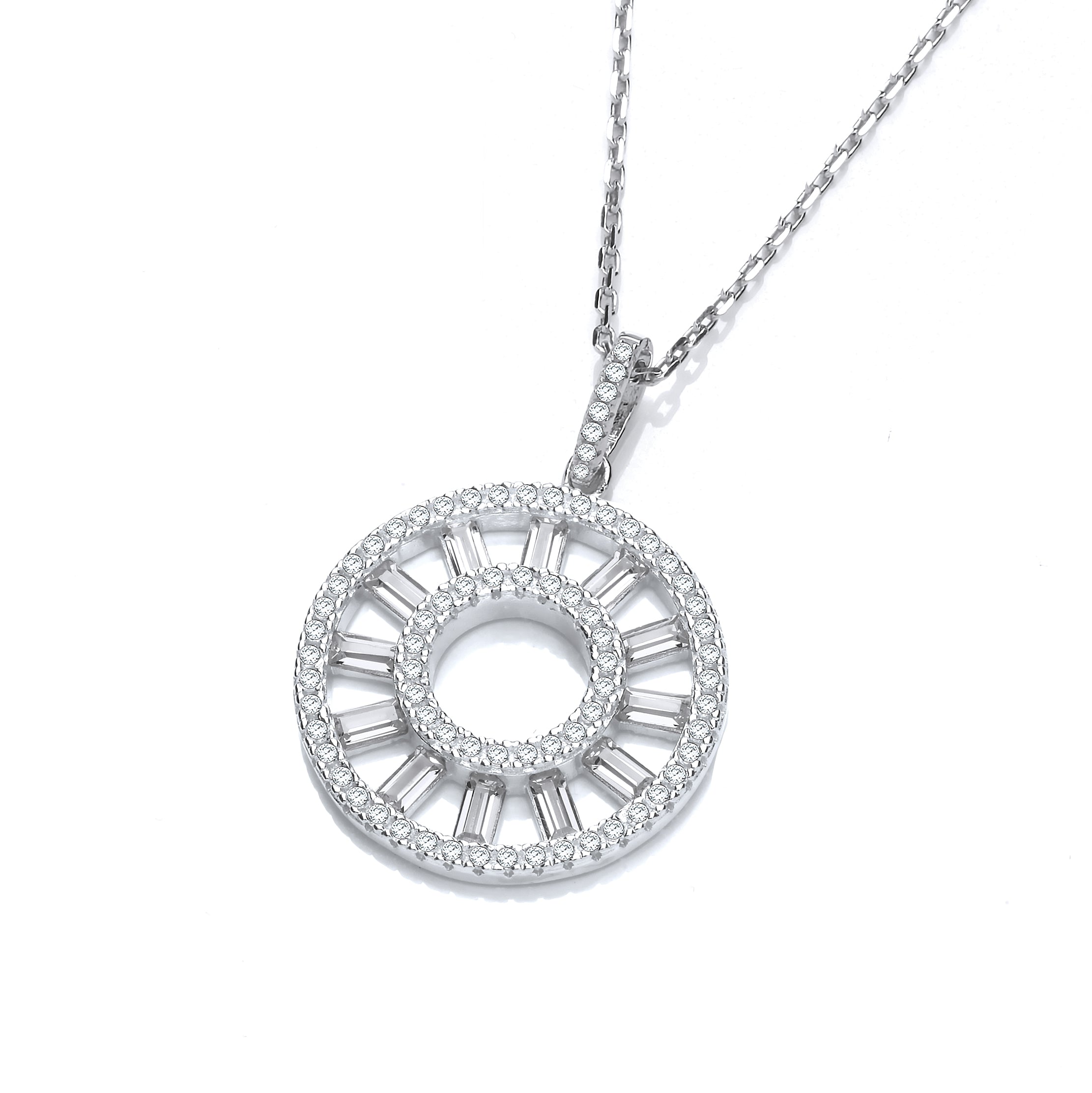Circle of Life Round and Baguette Cz Pendant with 18 Inch Chain