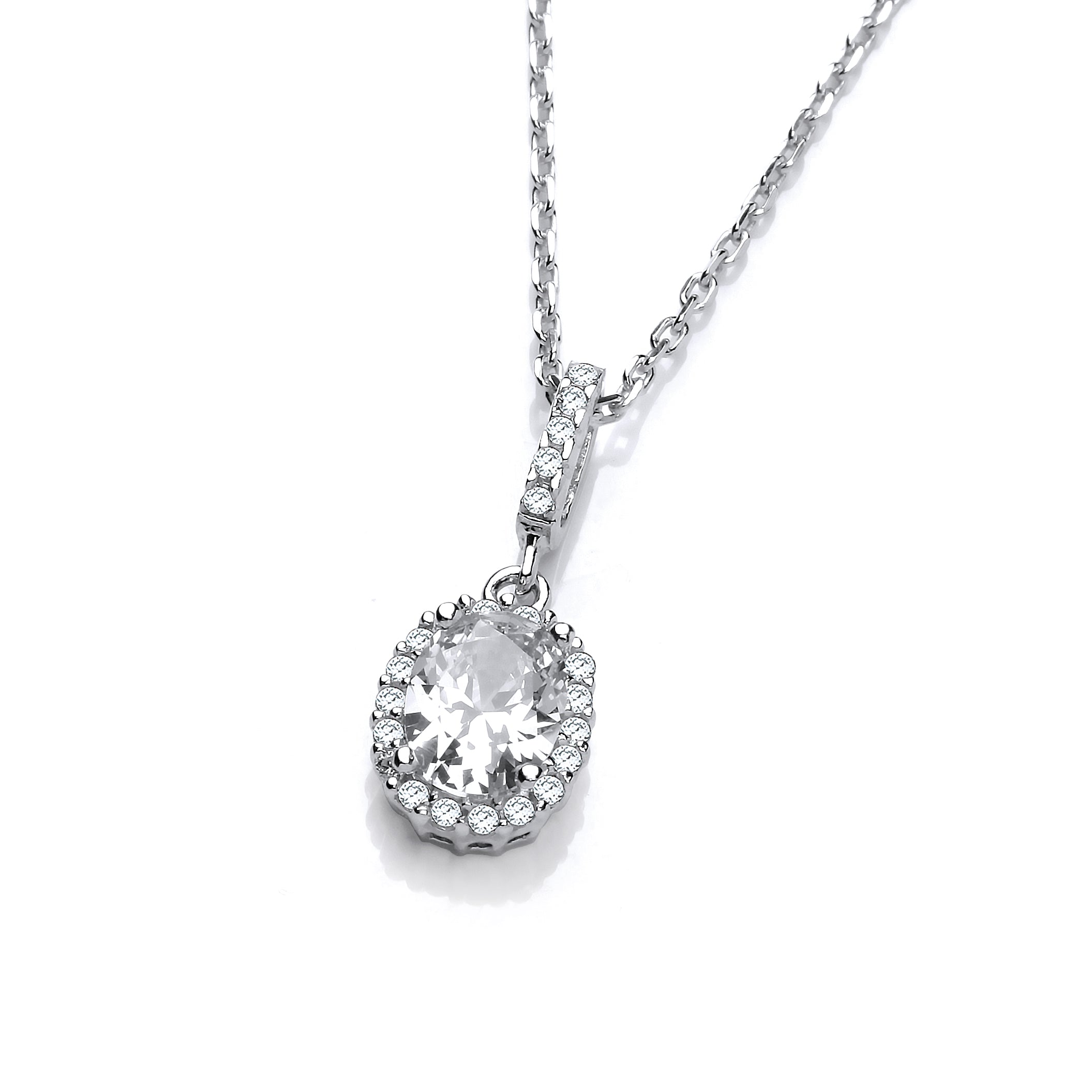 Oval Clear CZ Drop Pendant with 18 Inch Chain