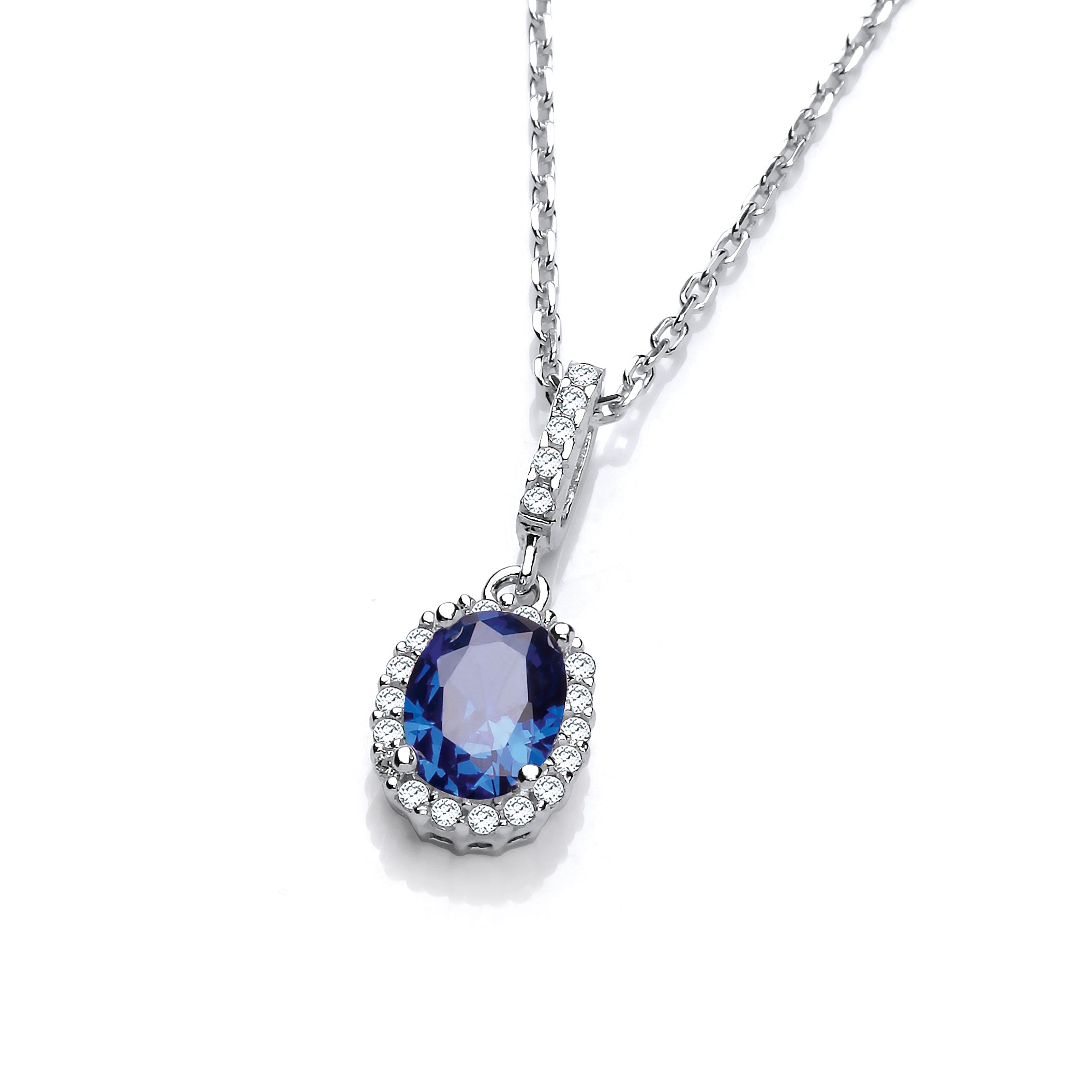 Oval Blue CZ Drop Pendant with 18 Inch Chain
