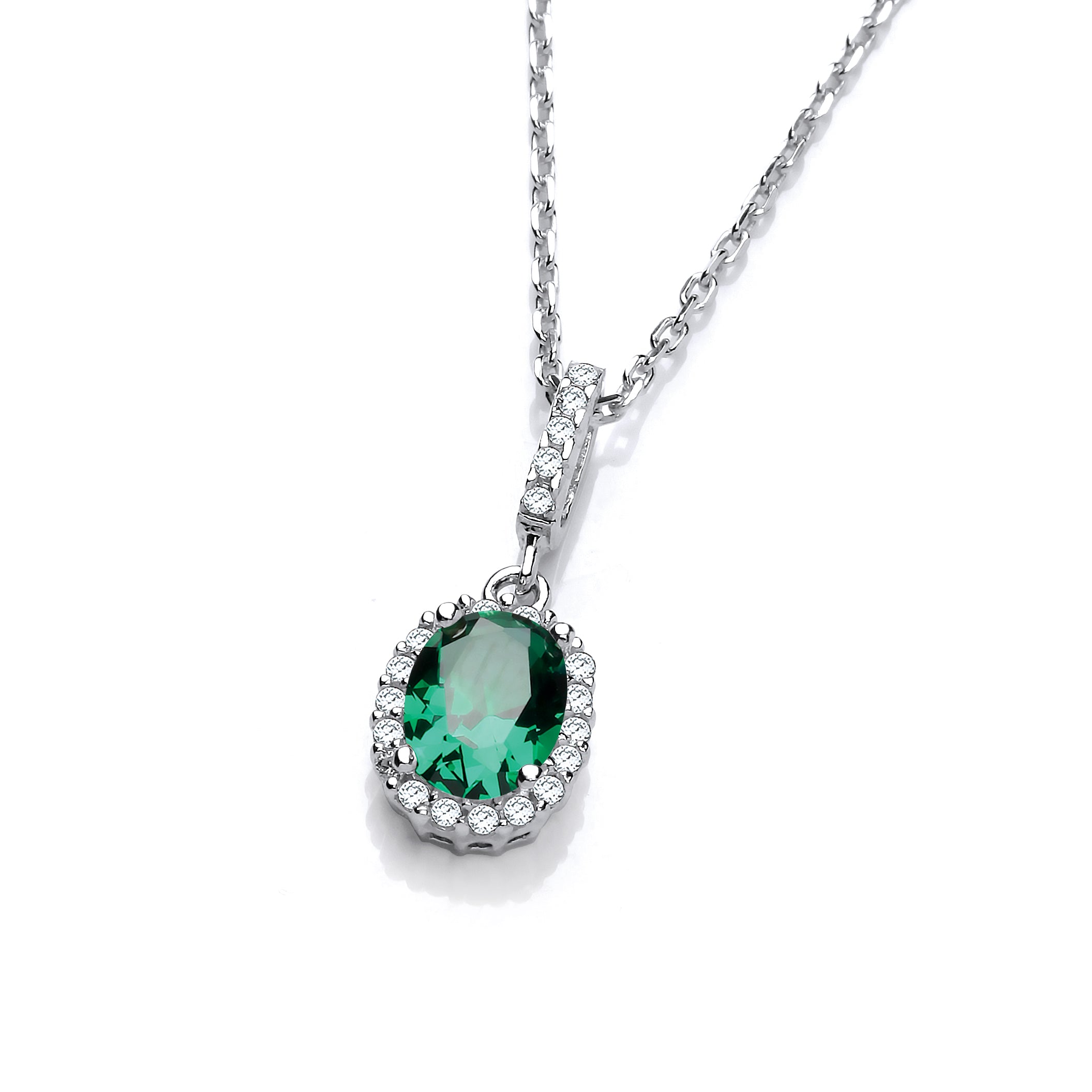 Oval Green CZ Drop Pendant with 18 Inch Chain